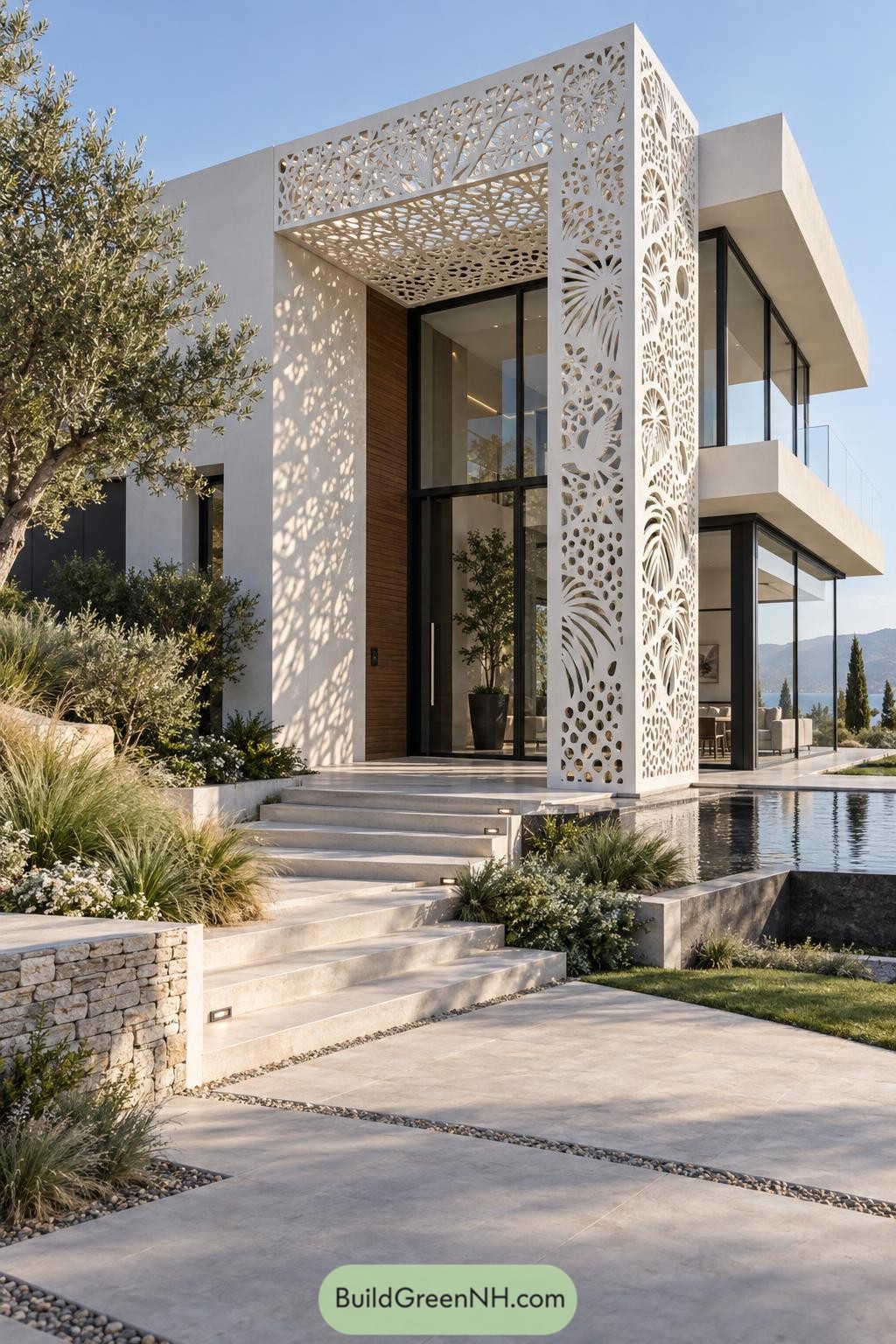 White laser-cut botanical canopy framing a modern villa entrance