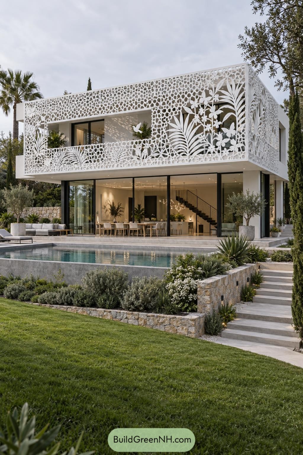 White laser cut botanical facade wrapping a modern poolside villa