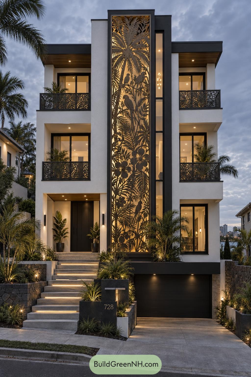 Laser cut facade panel with parrots palms and tropical flowers