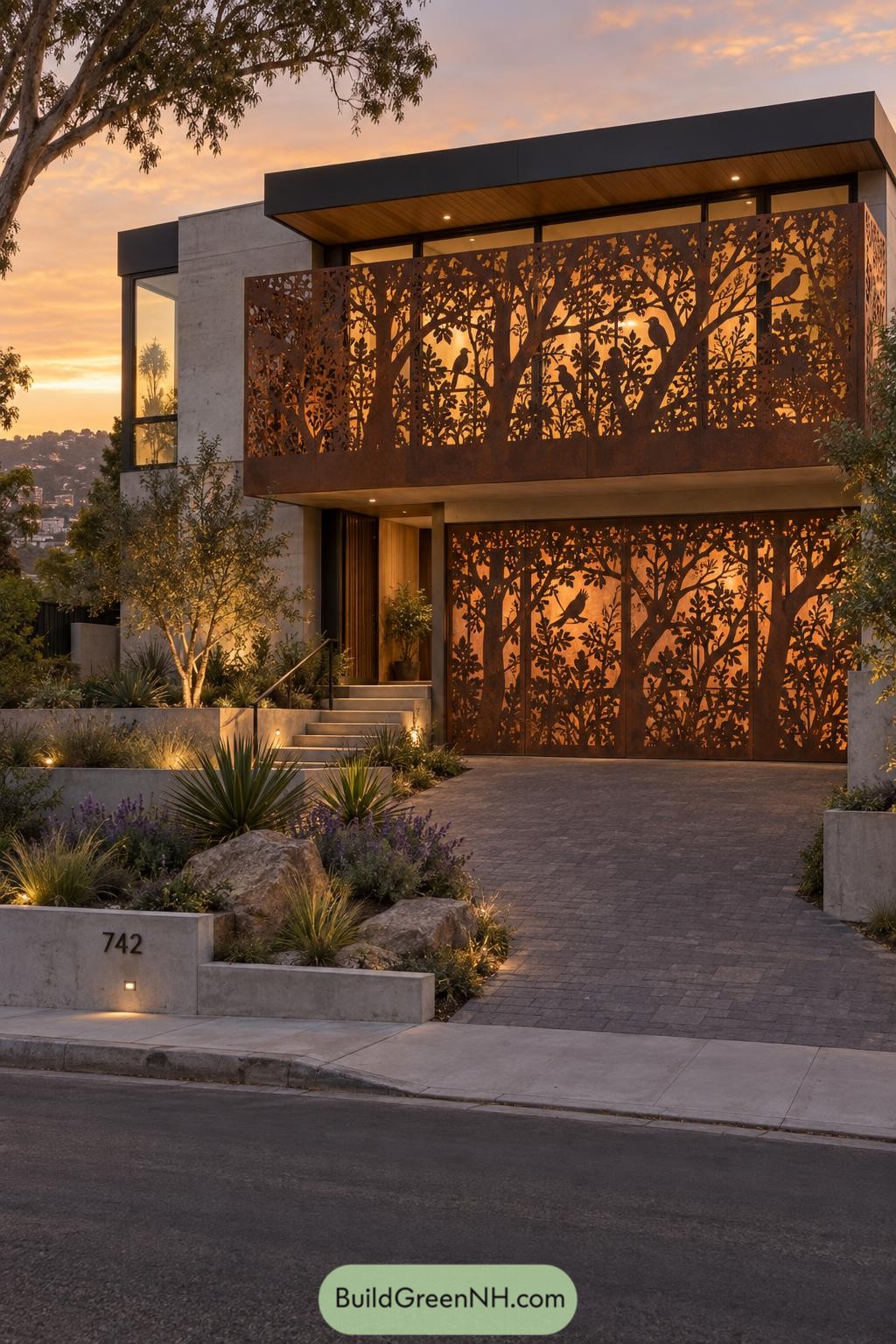 Laser cut steel facade with trees and birds