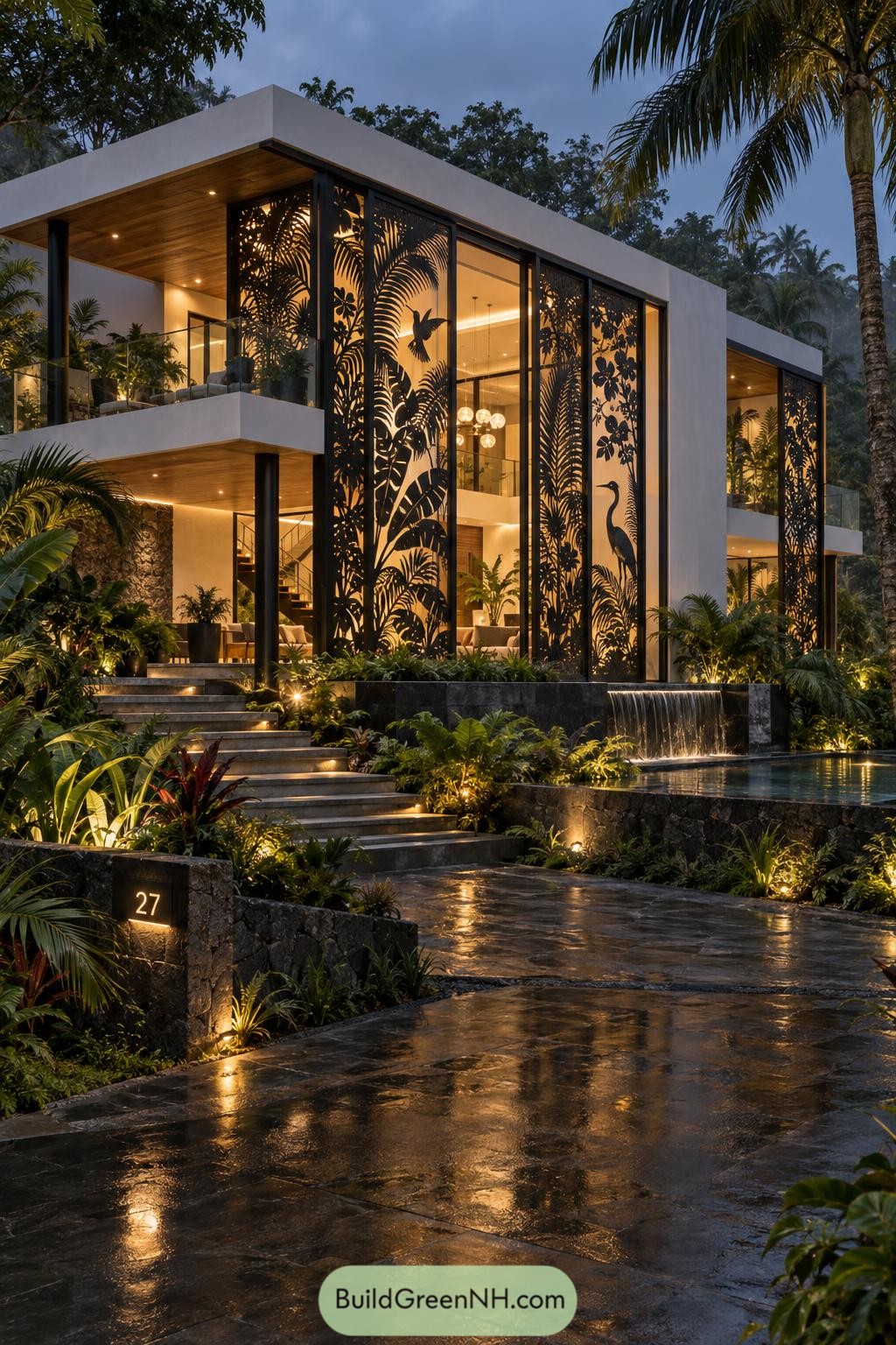 Black laser cut panels with tropical leaves birds and herons