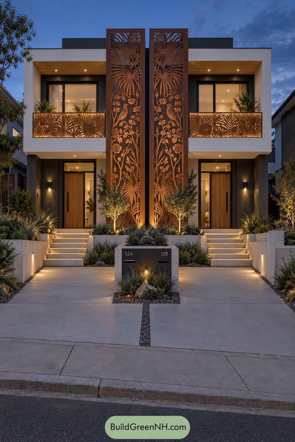 Laser cut botanical facade with birds