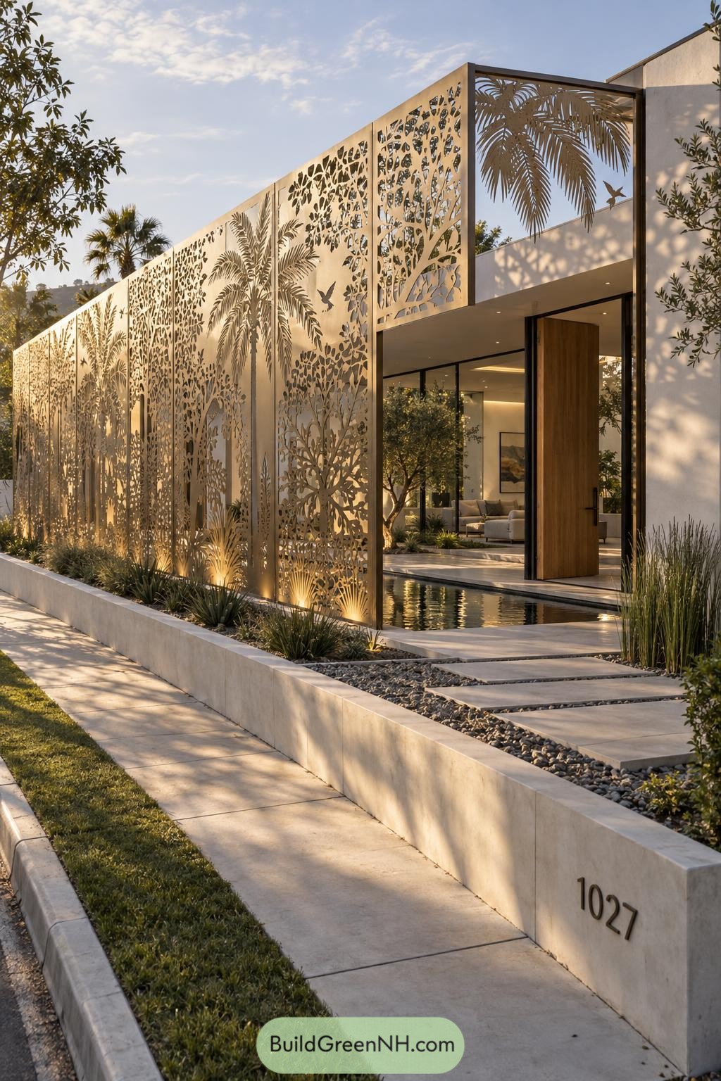 Laser-cut metal facade with palms trees and birds