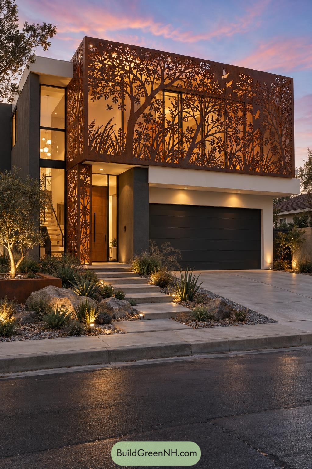 Laser cut metal facade with trees birds and foliage
