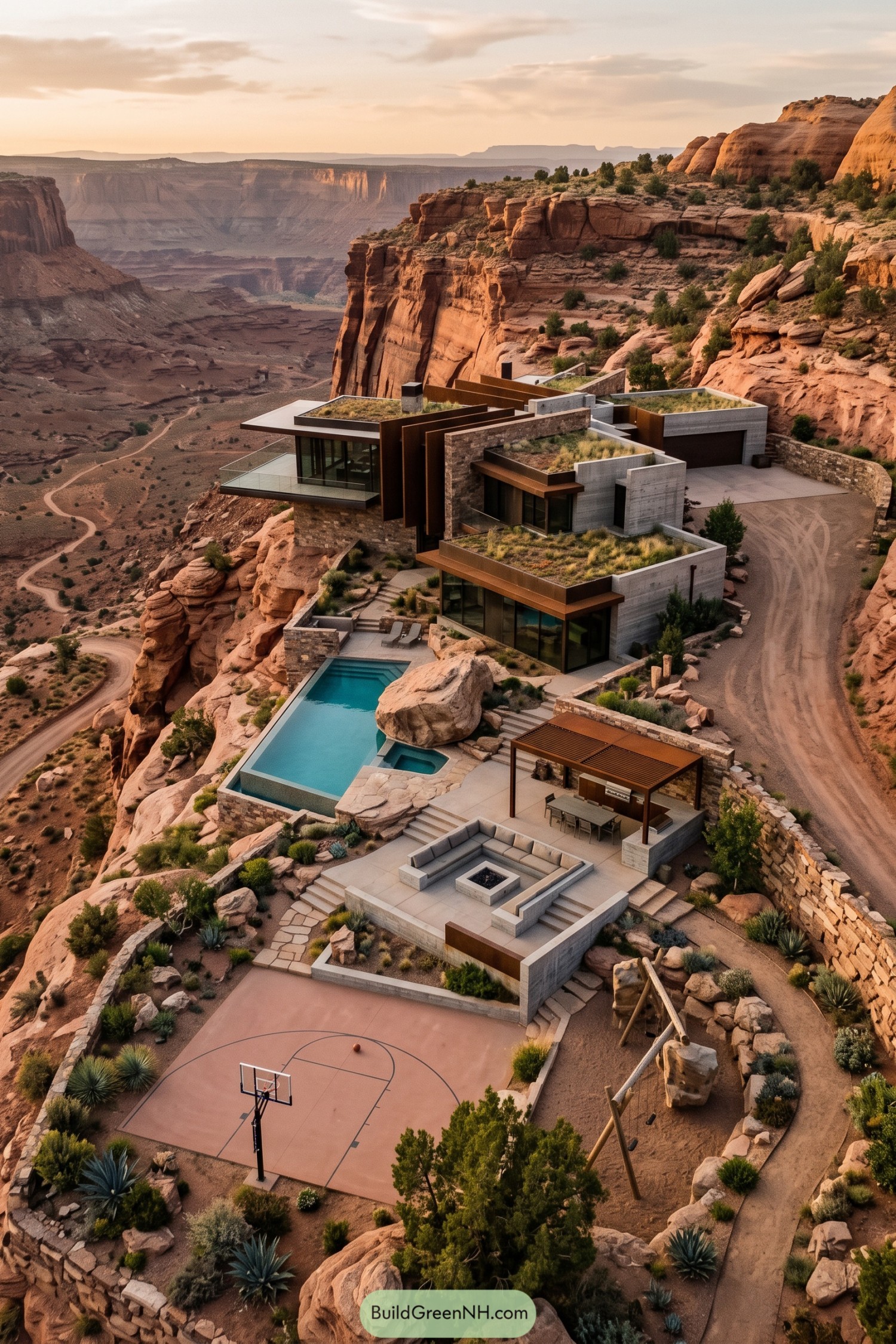 Modern cliffside home with pool court and desert recreation spaces