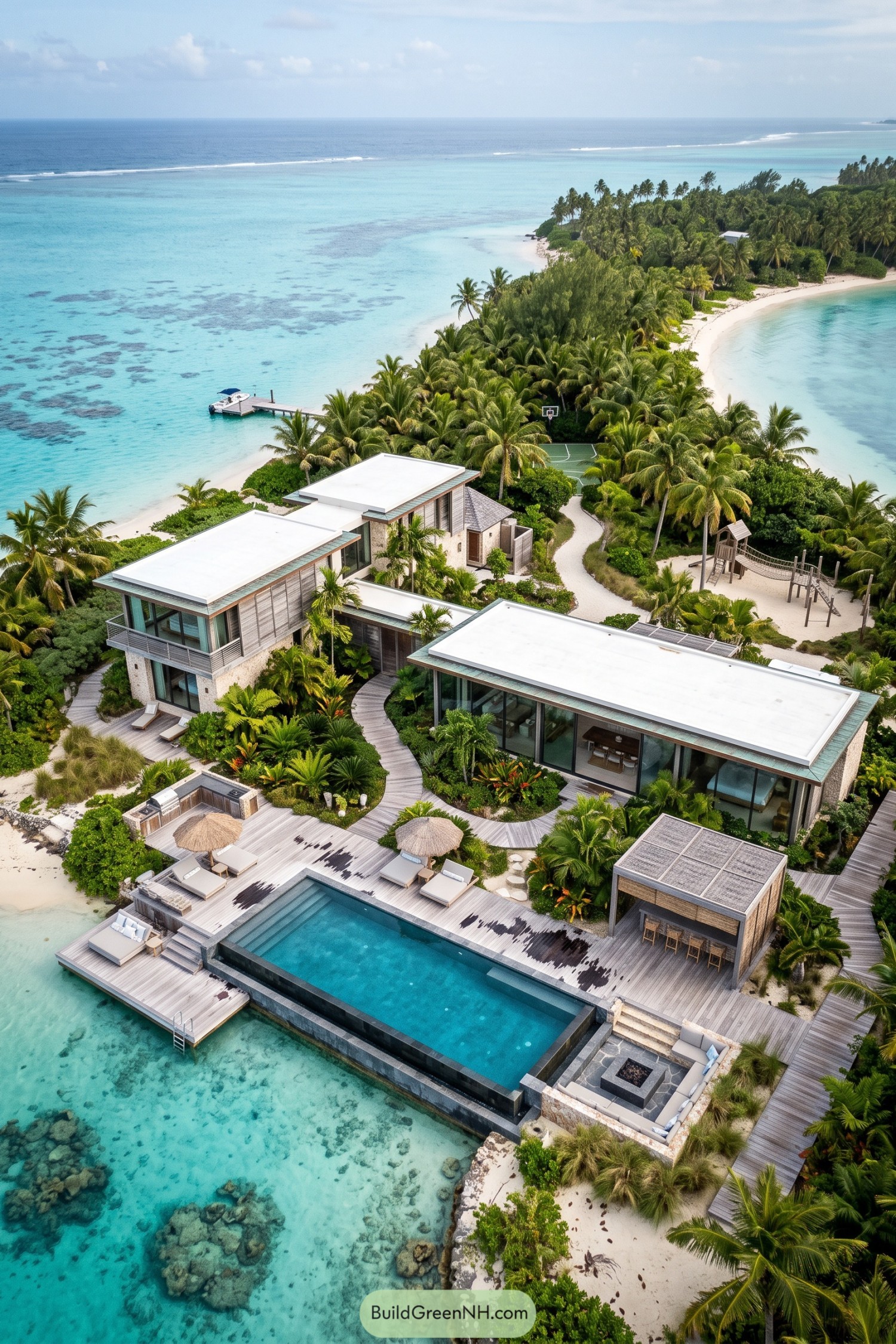 Modern island estate with pool deck private dock and palm gardens