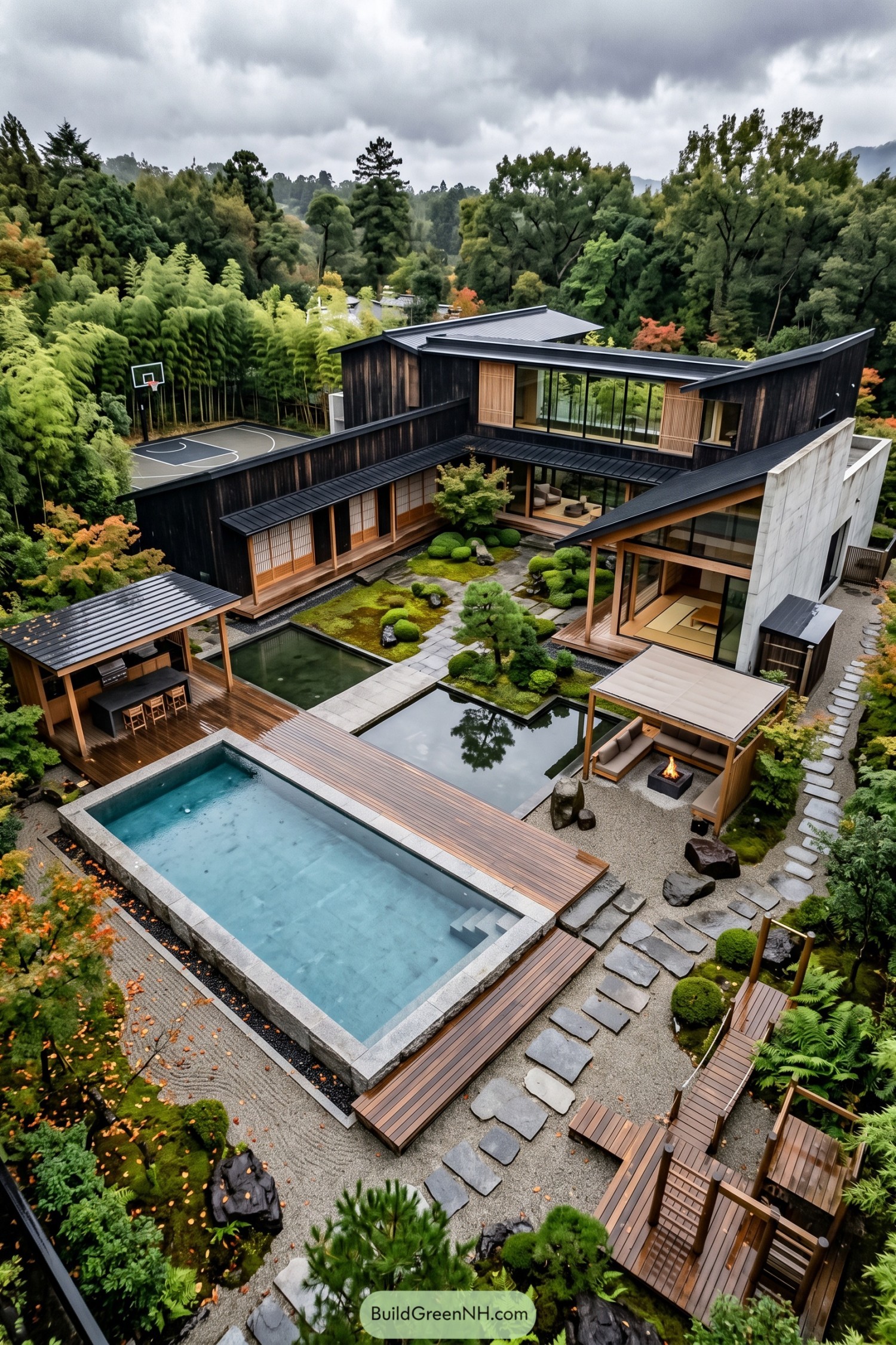 Japanese-inspired courtyard home with pools and forest views