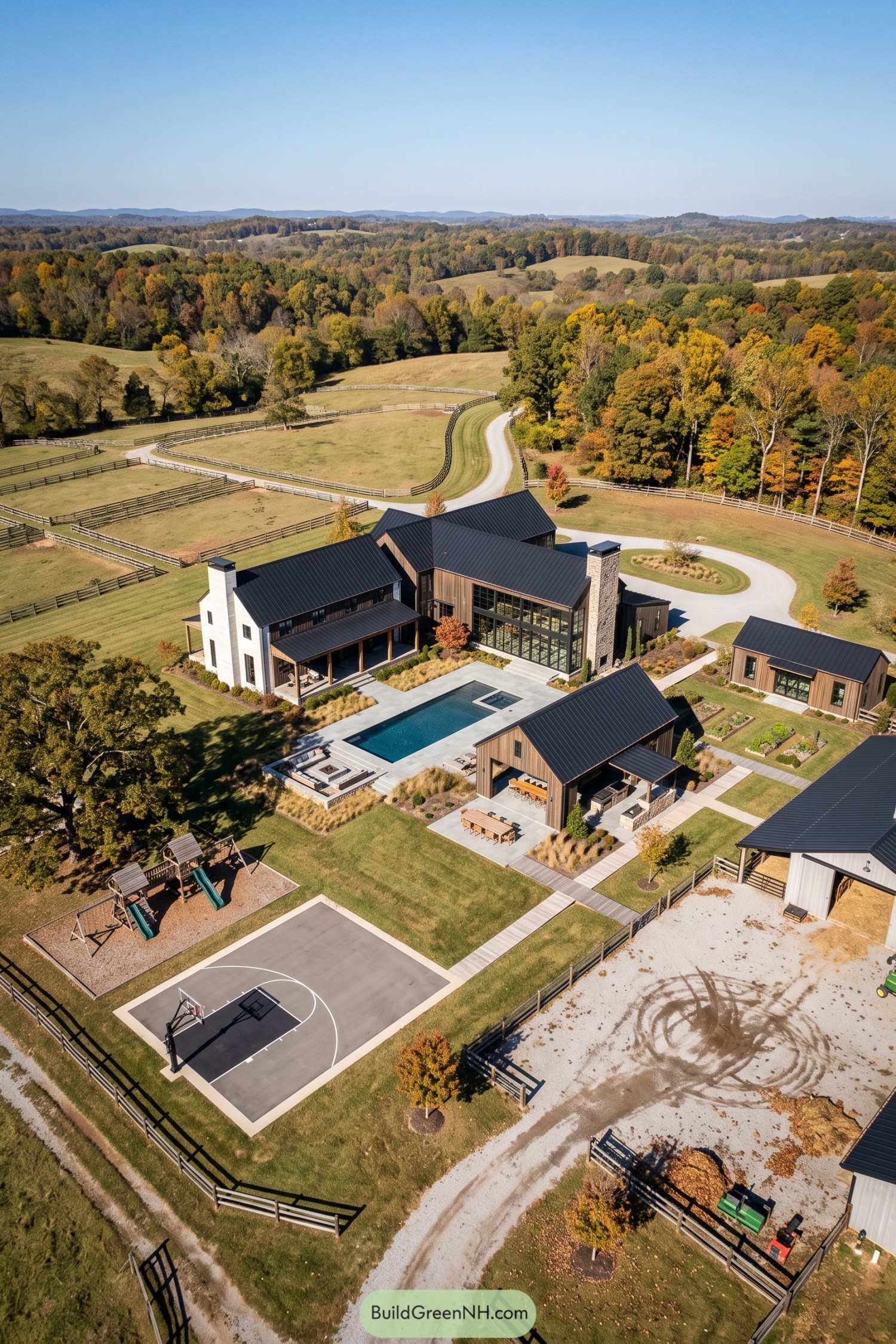 Modern farmhouse estate with pool barn paddocks and play court