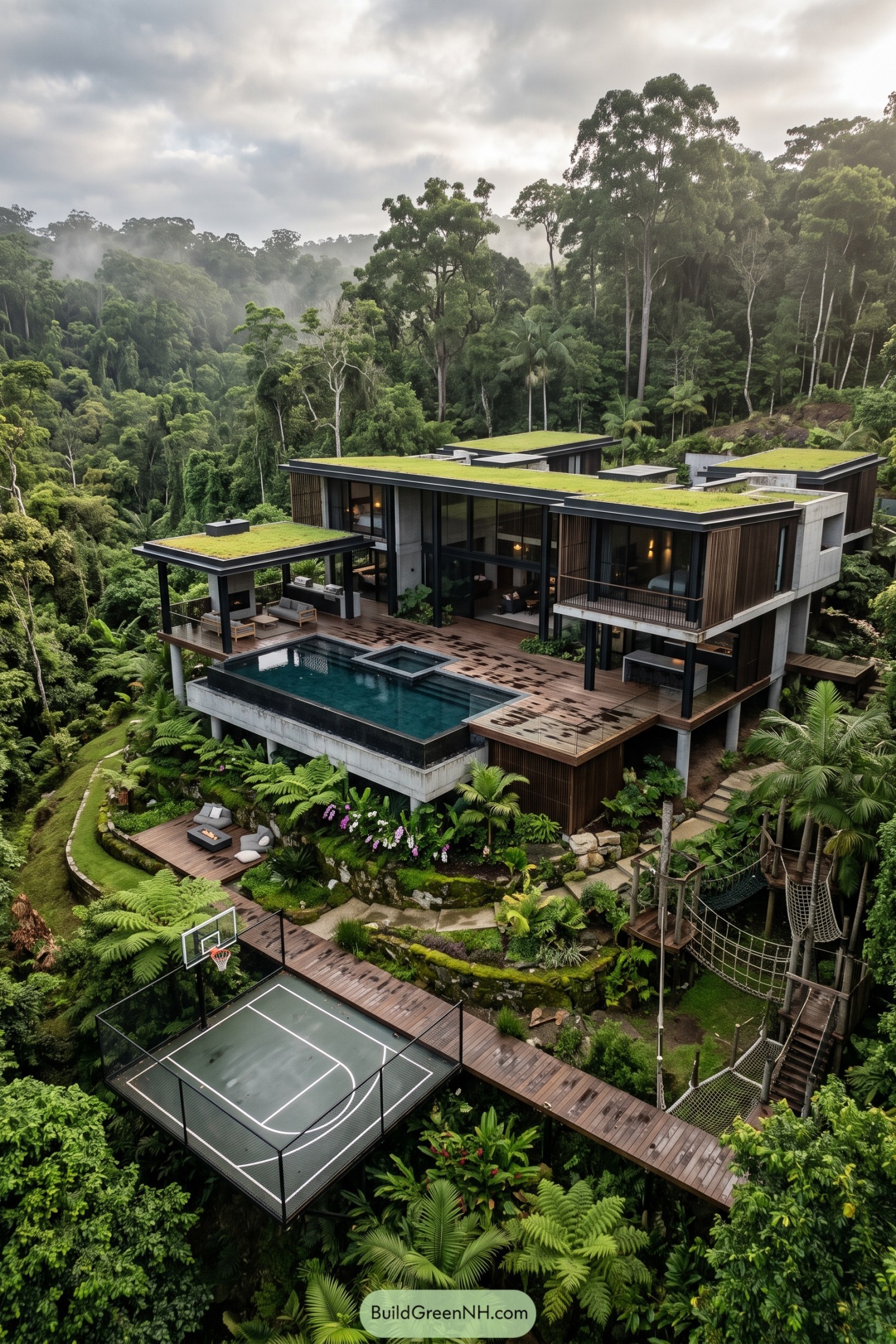 Jungle hillside home with pool court and treetop play deck