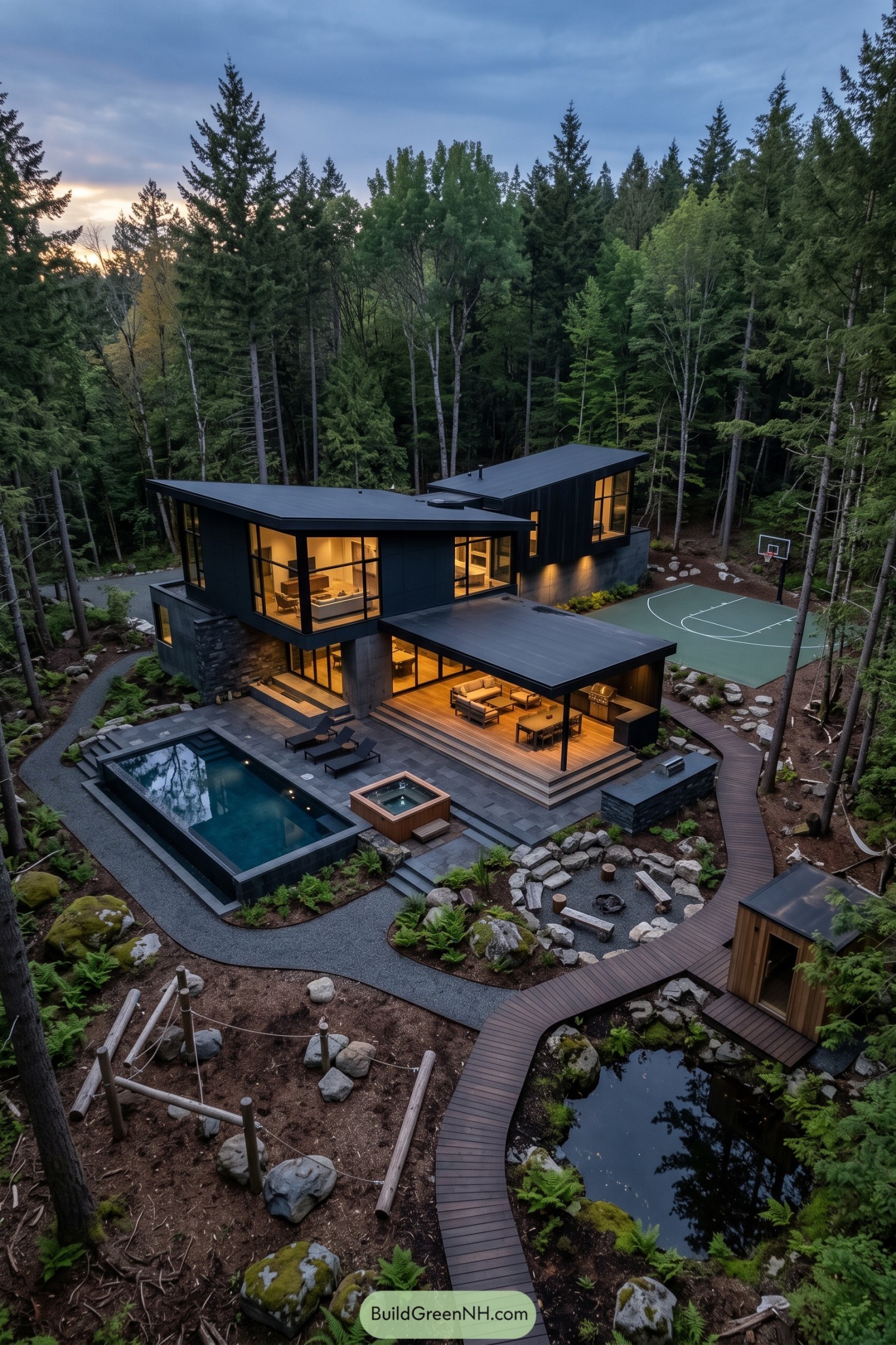 Forest retreat with pool spa boardwalk and basketball court