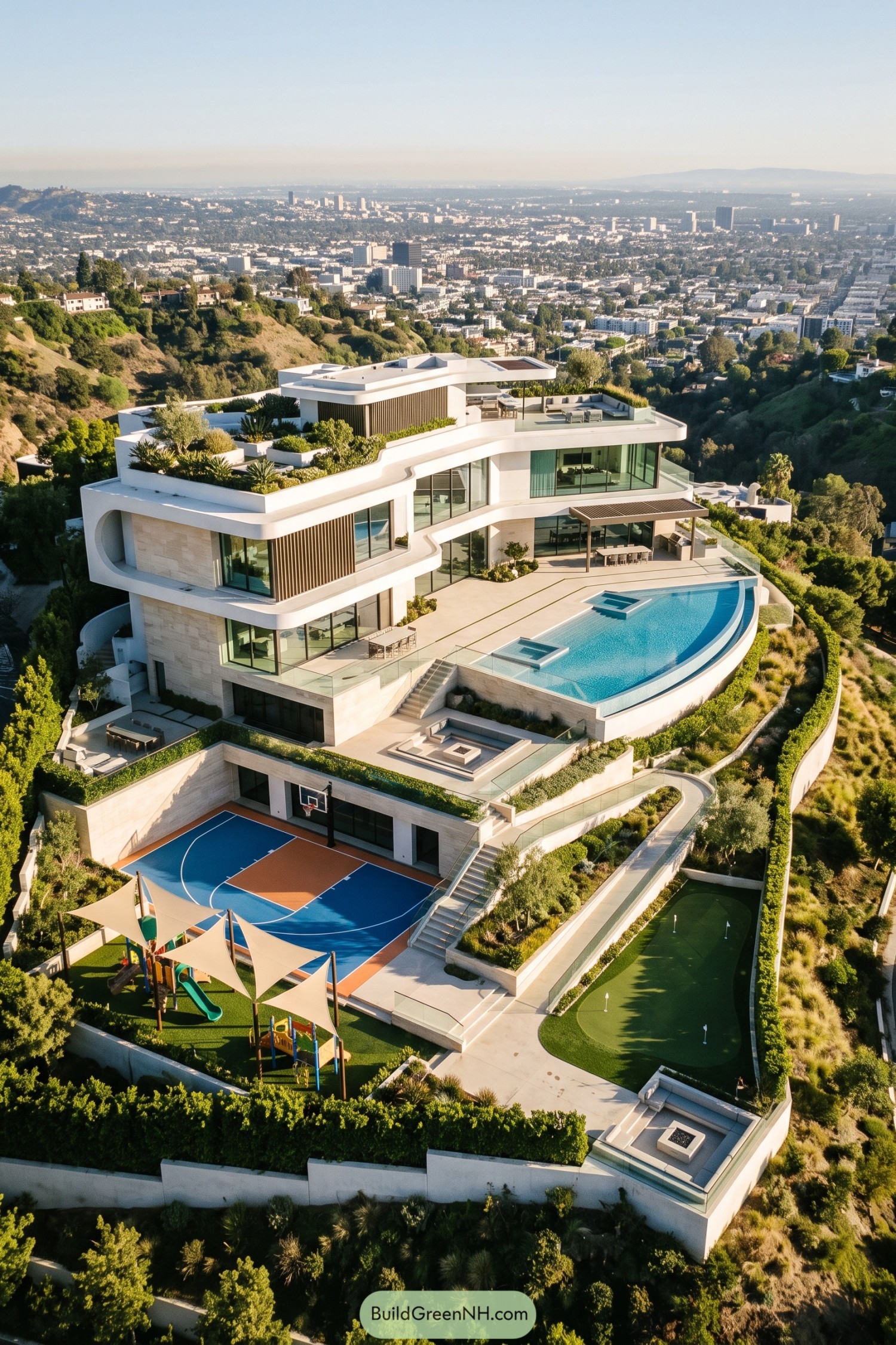 Modern hillside estate with pool court playground and putting green overlooking the city