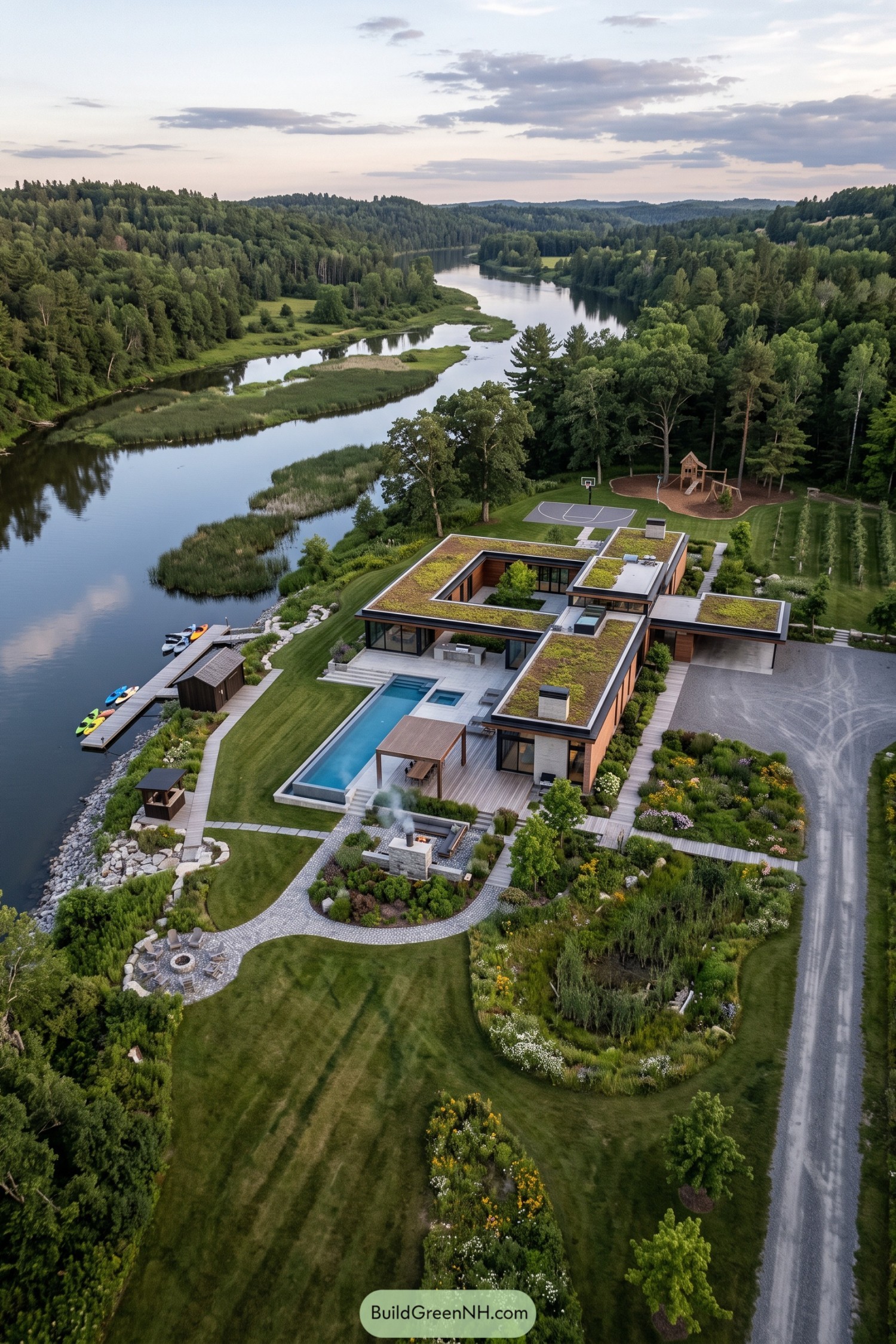 Modern riverside estate with green roofs pool dock and recreation lawn