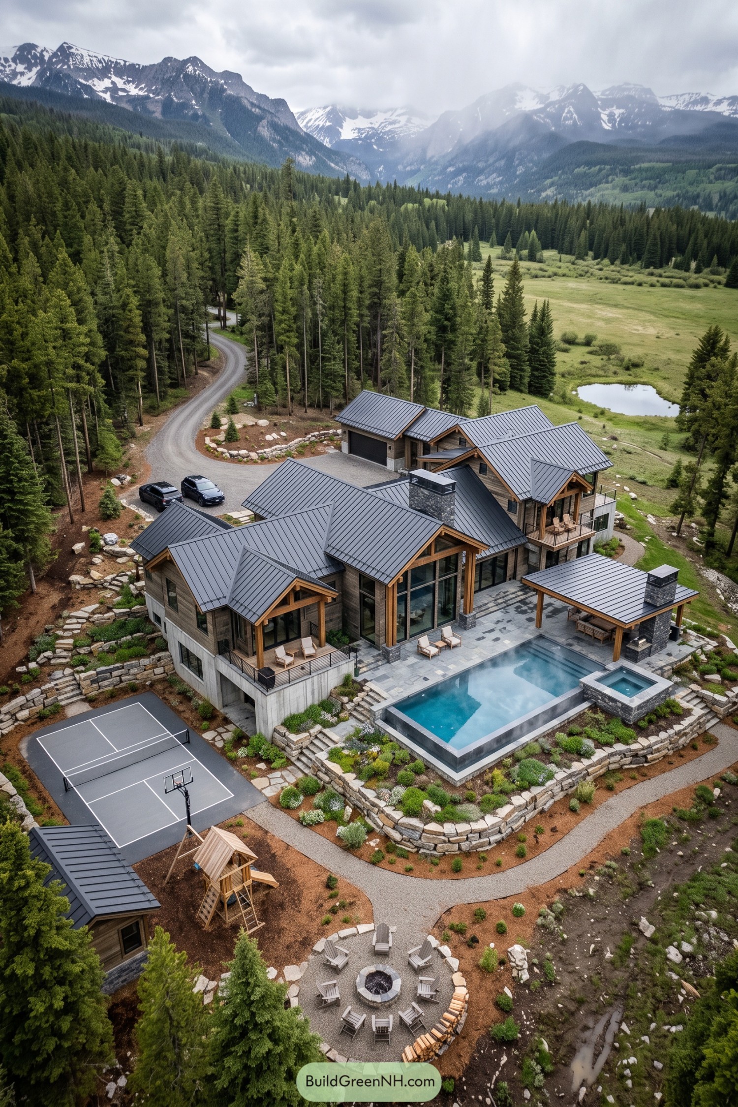 Mountain estate with pool court and fire pit