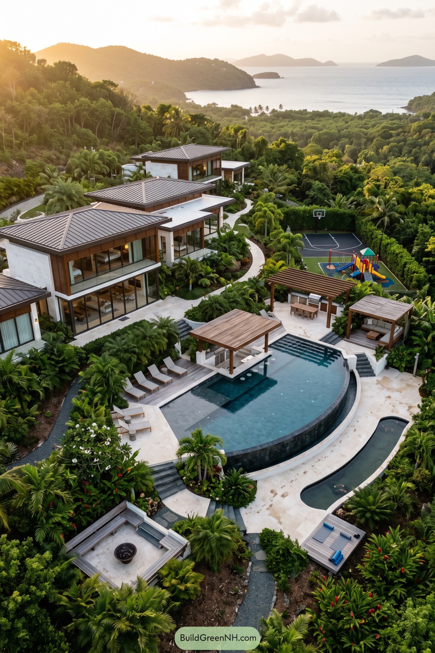 Tropical hillside estate with pool pavilions and ocean views