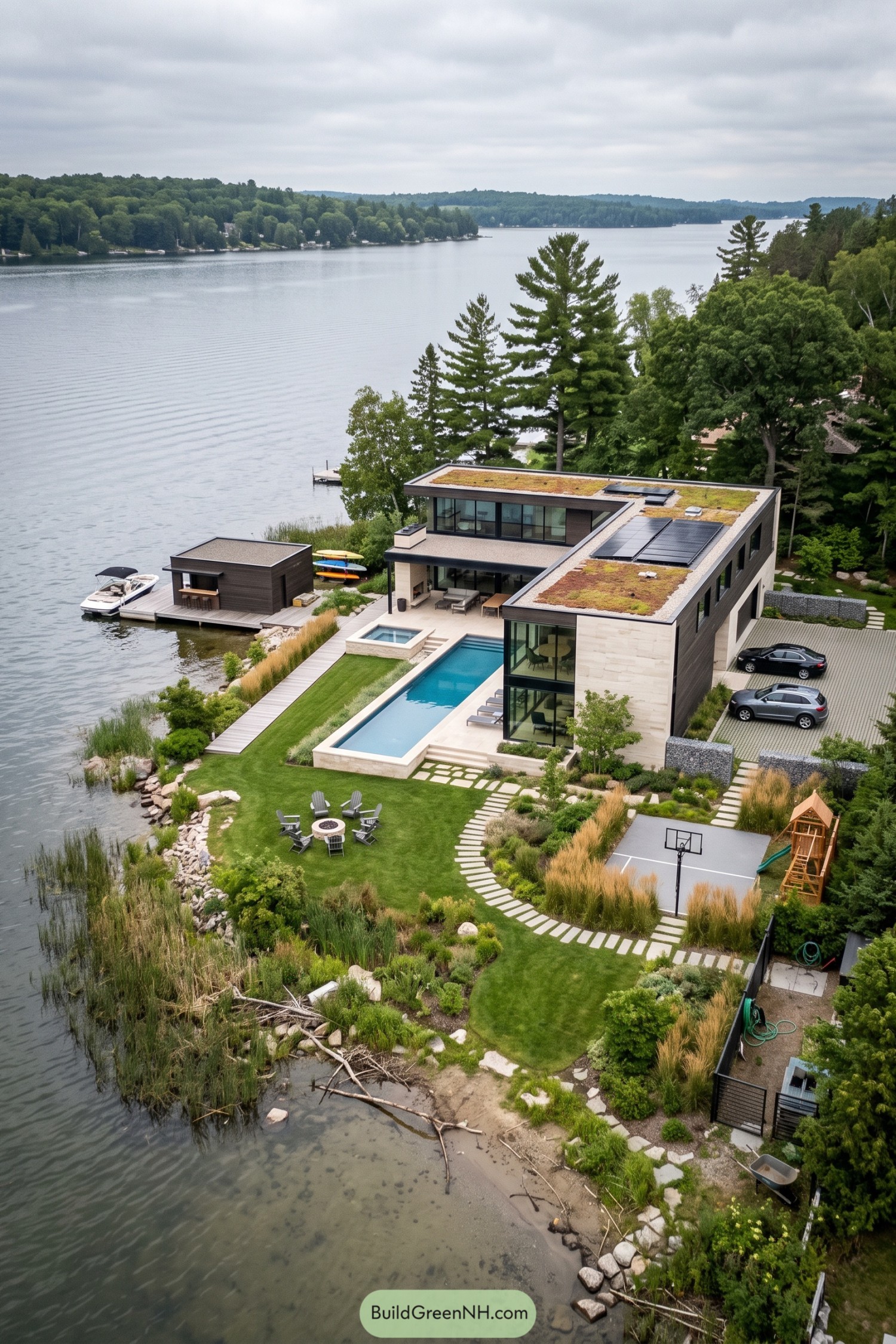 Modern lakeside home with pool dock garden and sport court