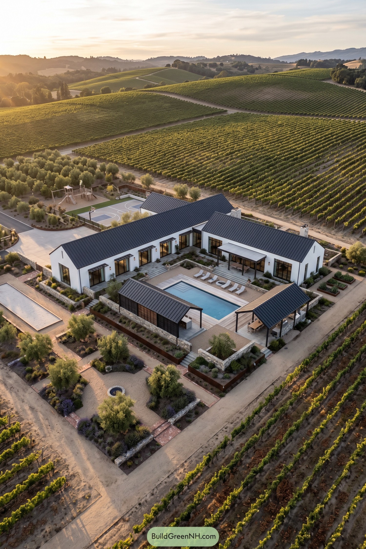 Modern courtyard estate with pool sport court and vineyard views