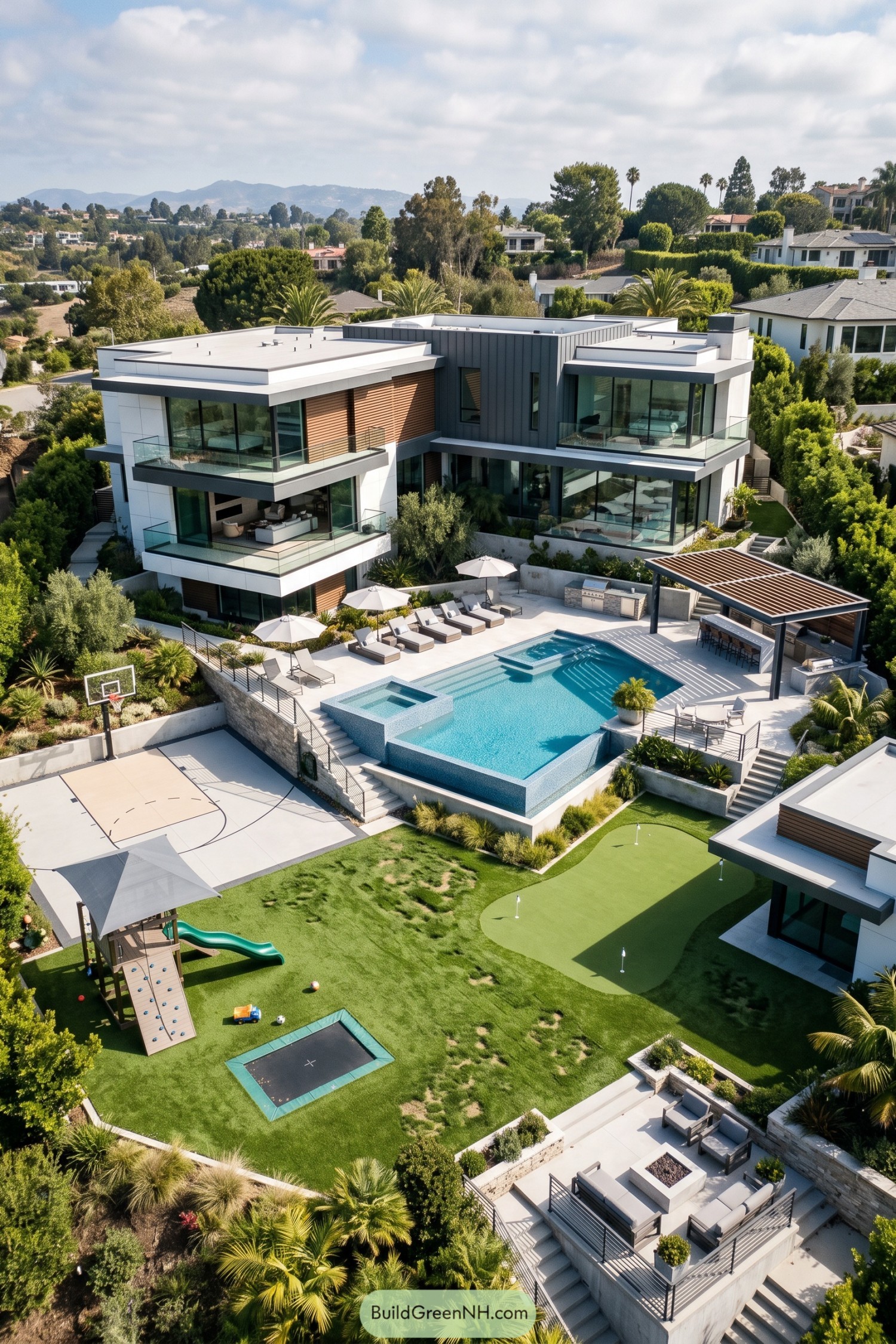 Modern estate garden with infinity pool sports court putting green and outdoor kitchen