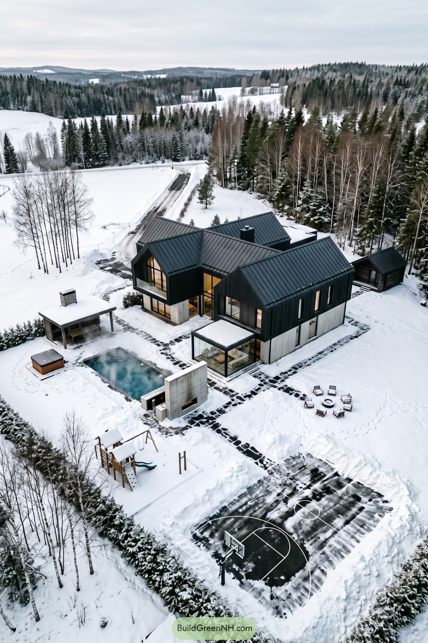 Modern woodland home with pool patio and snow court