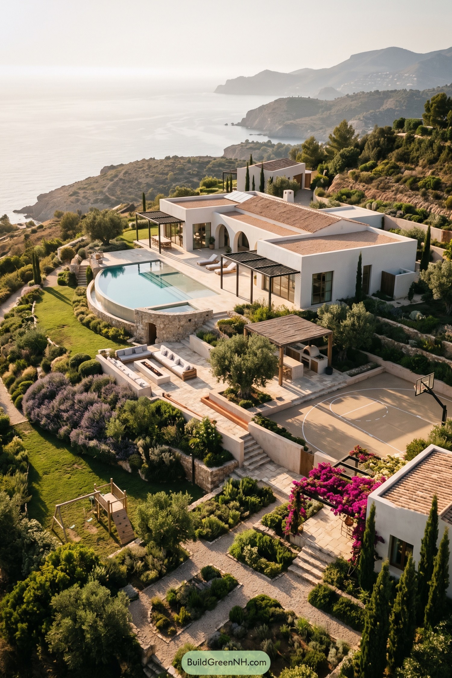 White villa with curved pool gardens and sea views