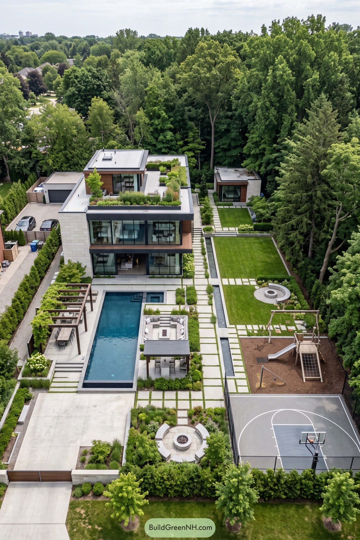 Modern garden with pool court playground and basketball area