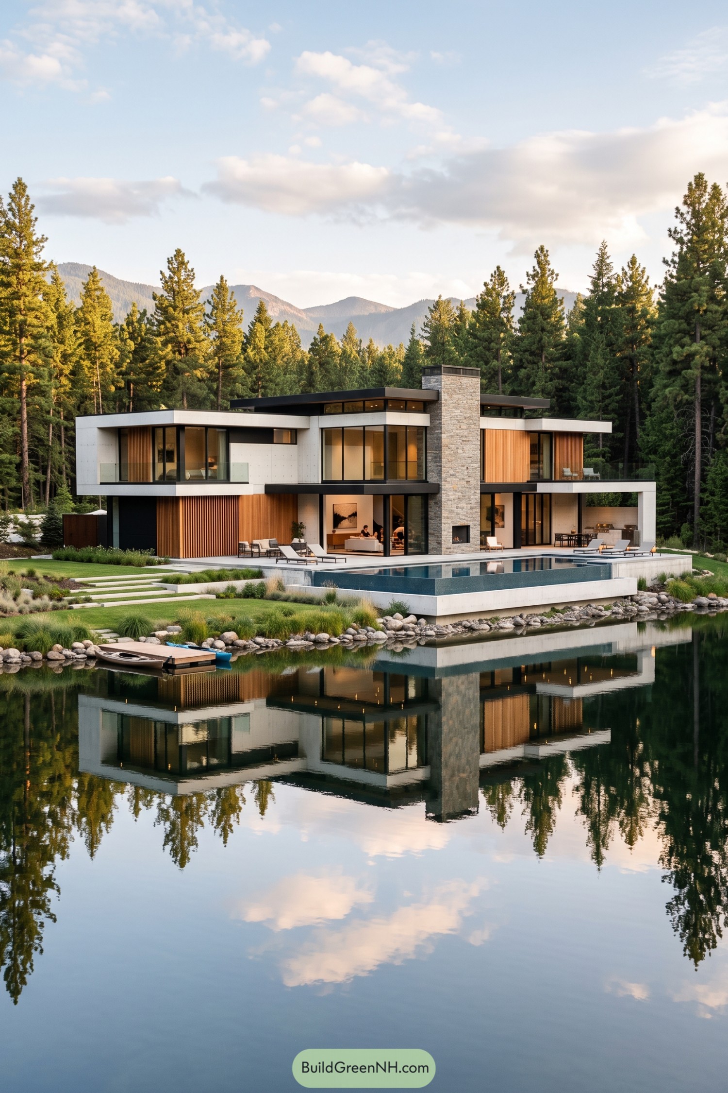 Modern mountain house with pool beside a reflective pond