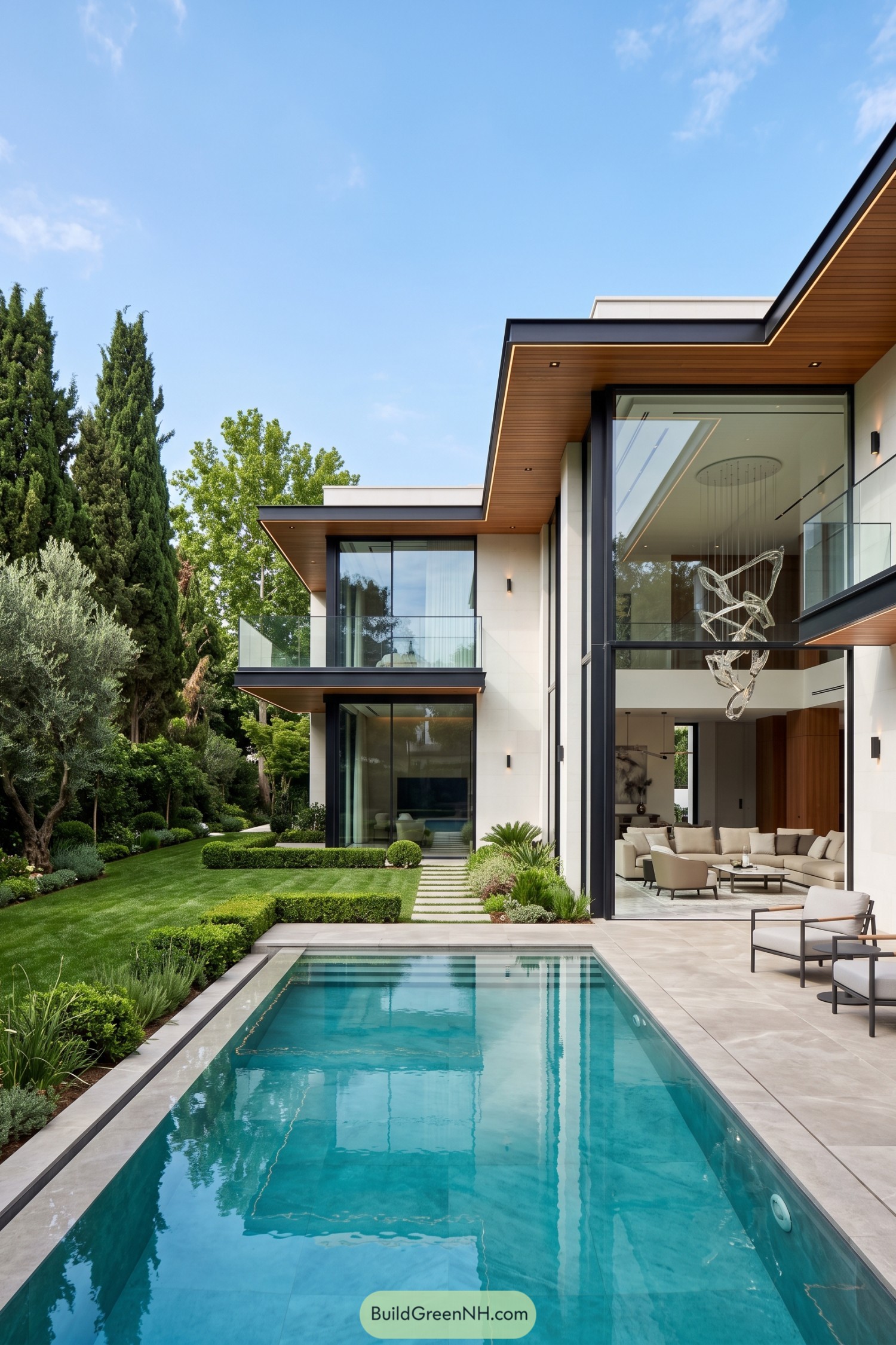 Contemporary home with tall glass atrium and narrow turquoise pool