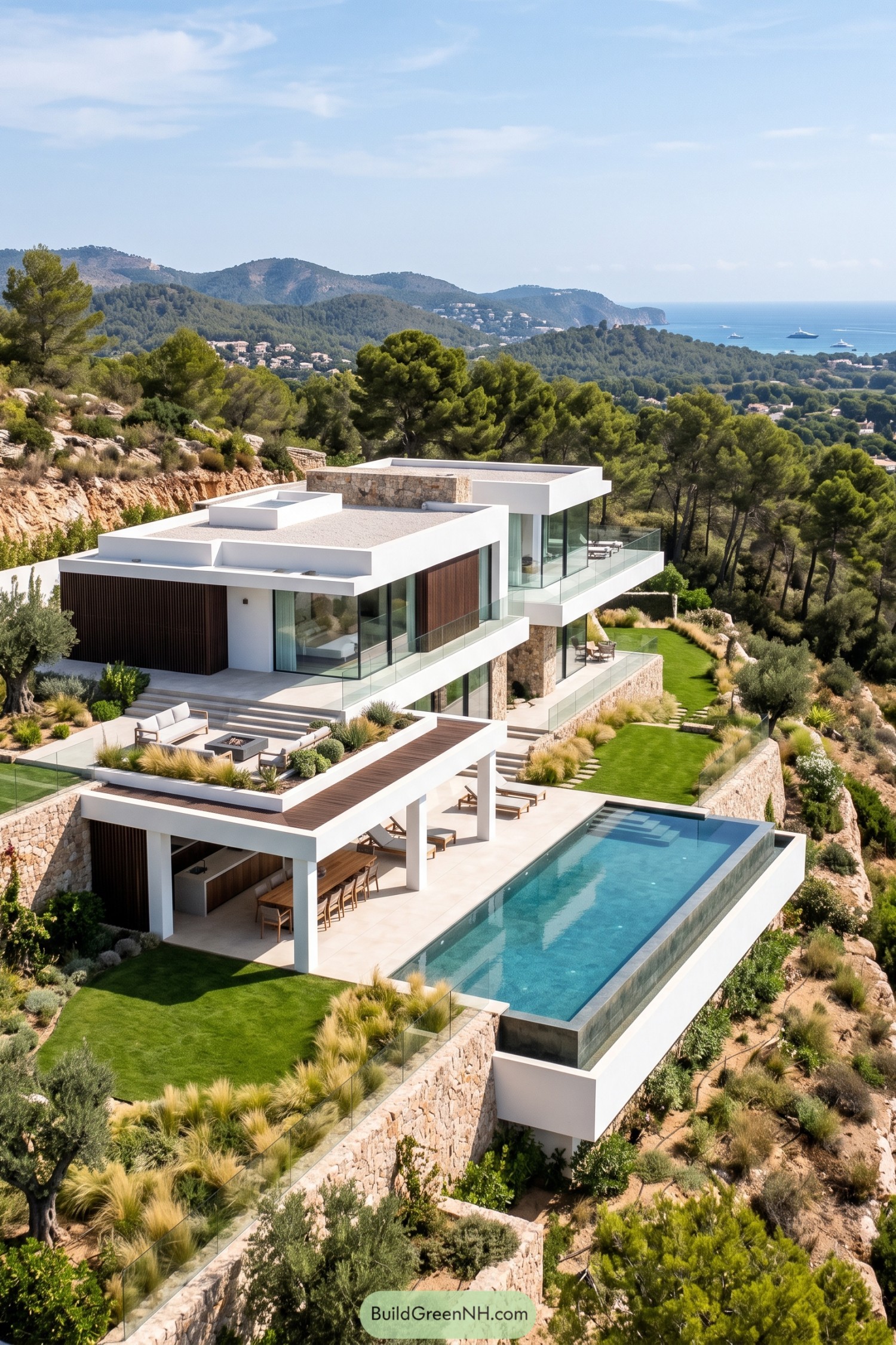 Modern hillside villa with infinity pool overlooking the sea