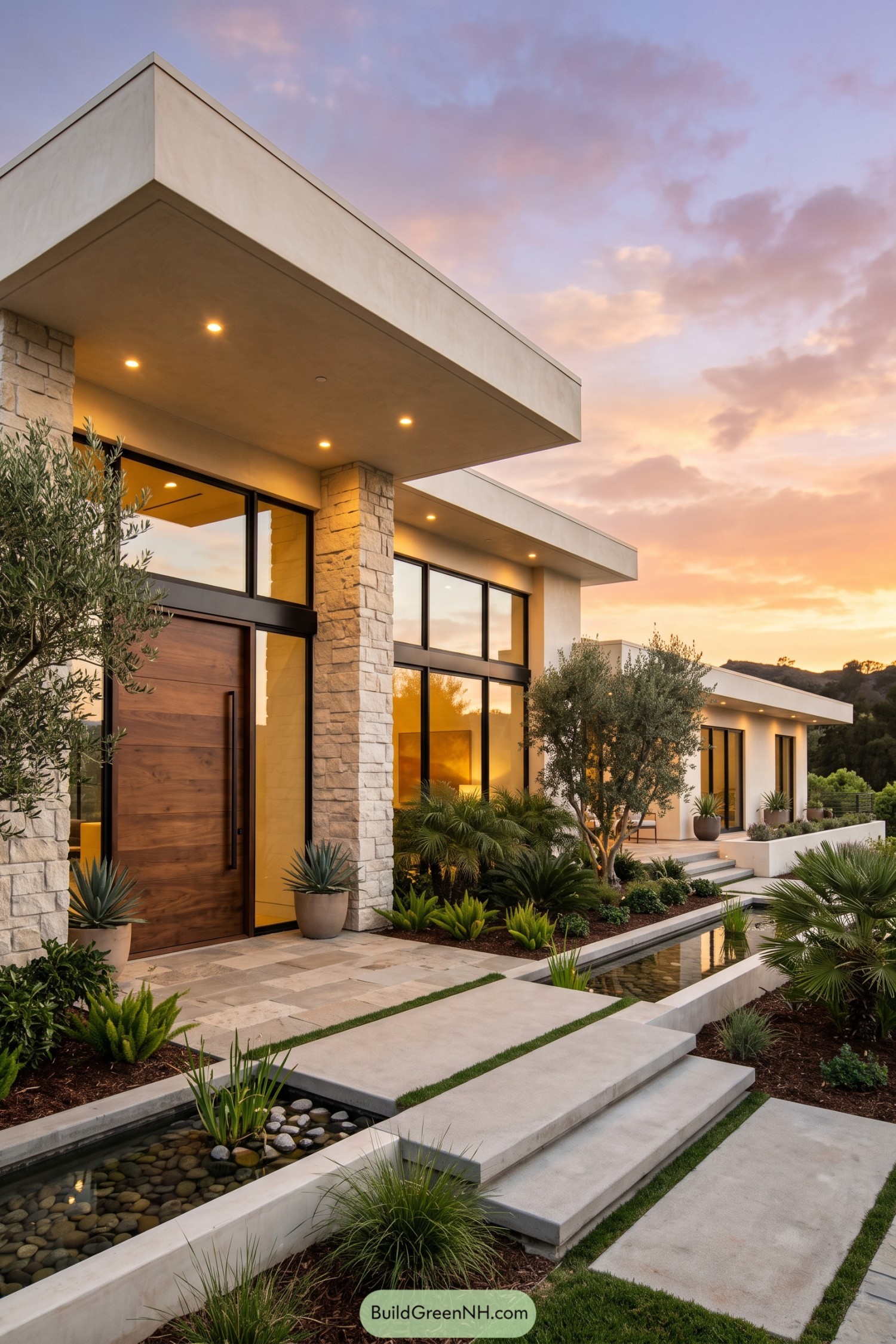 Modern residence with stone columns water garden and olive trees at sunset