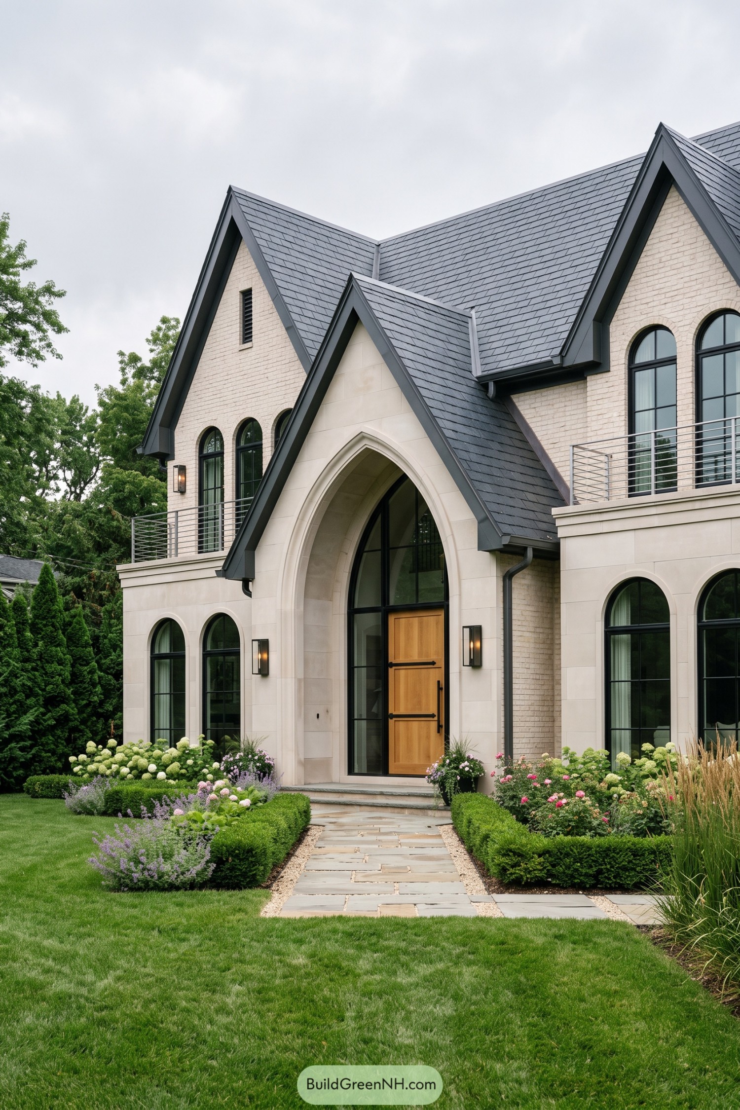 Modern gabled home with arched entry and formal garden