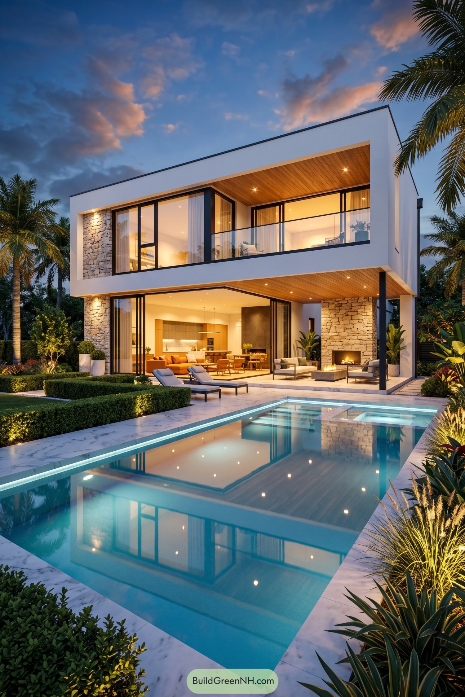 Modern tropical villa with stone walls glass façades and a glowing pool