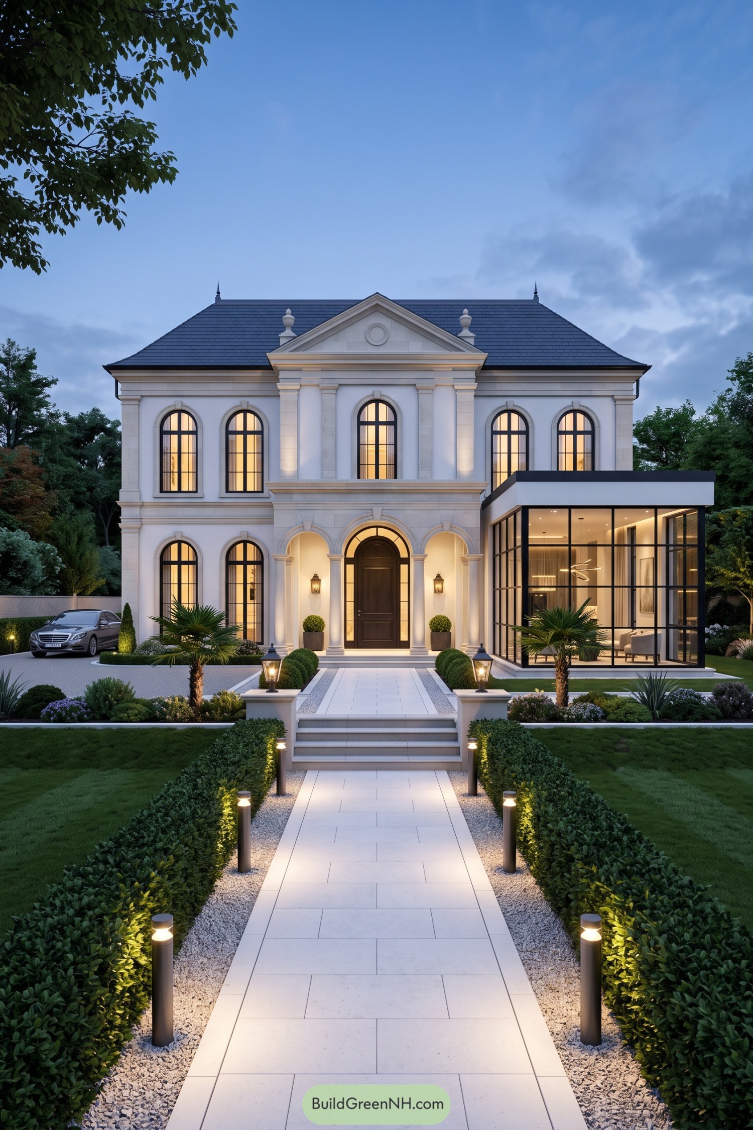 Classical white villa with a modern glass wing at dusk