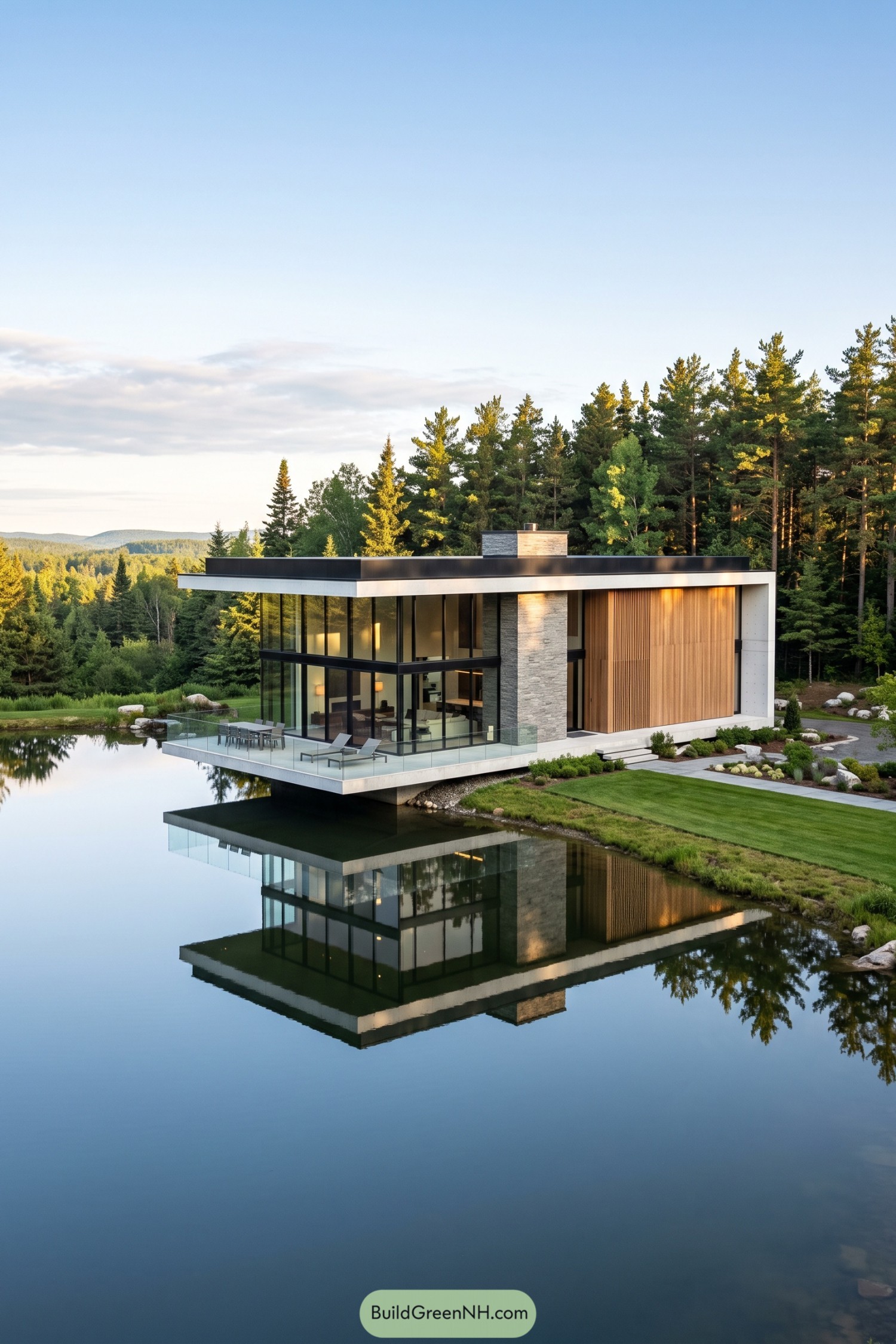 Modern lakeside home with glass walls and timber screens