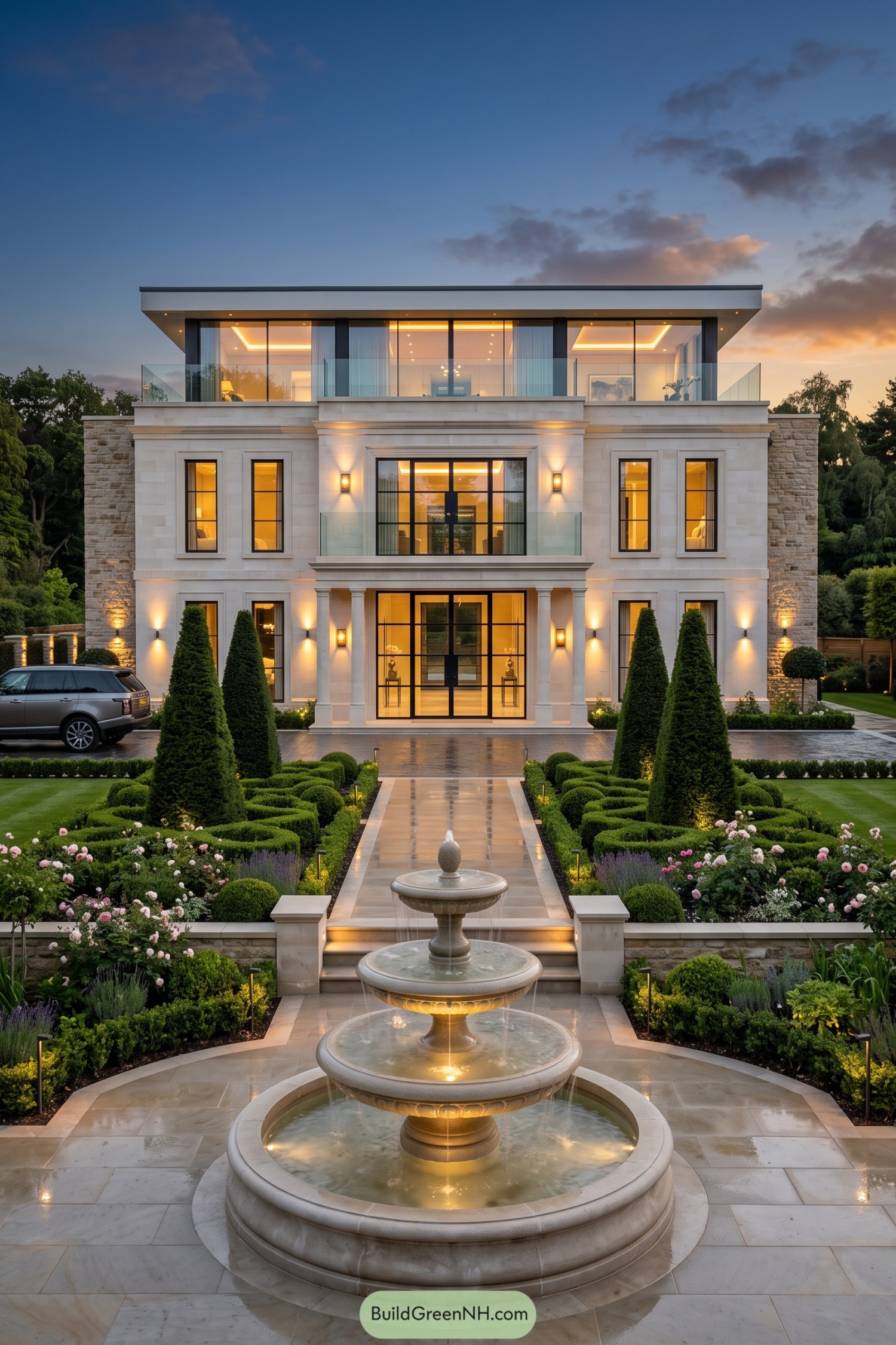 Modern limestone manor with fountain garden at dusk
