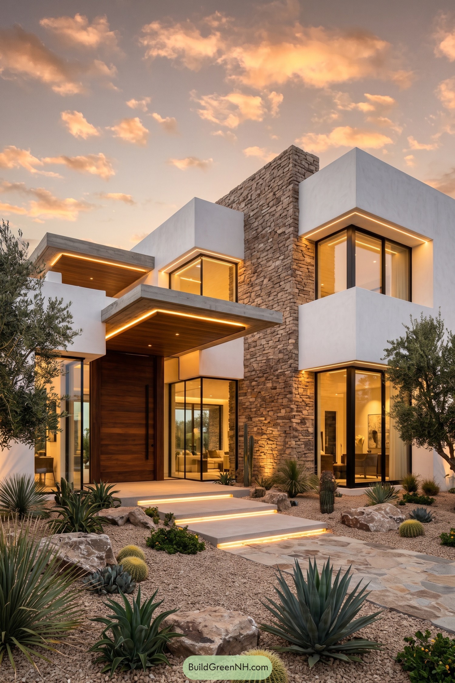 Modern desert home with stone tower and glowing entry