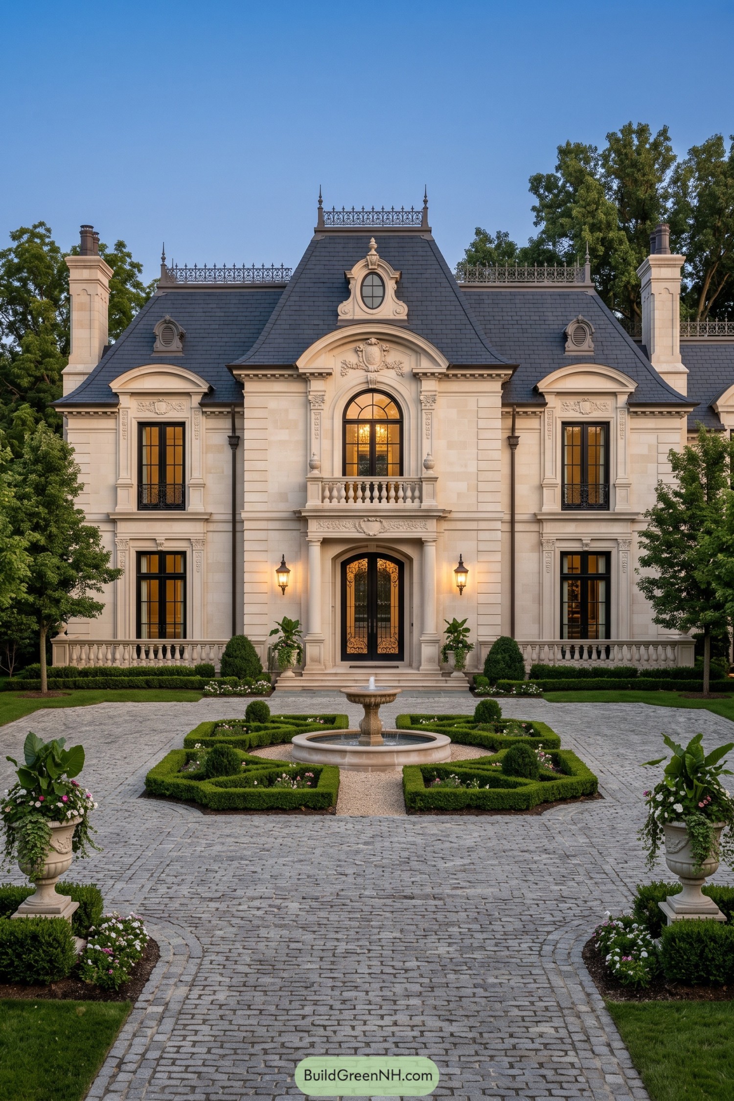 Ornate limestone manor with formal fountain courtyard