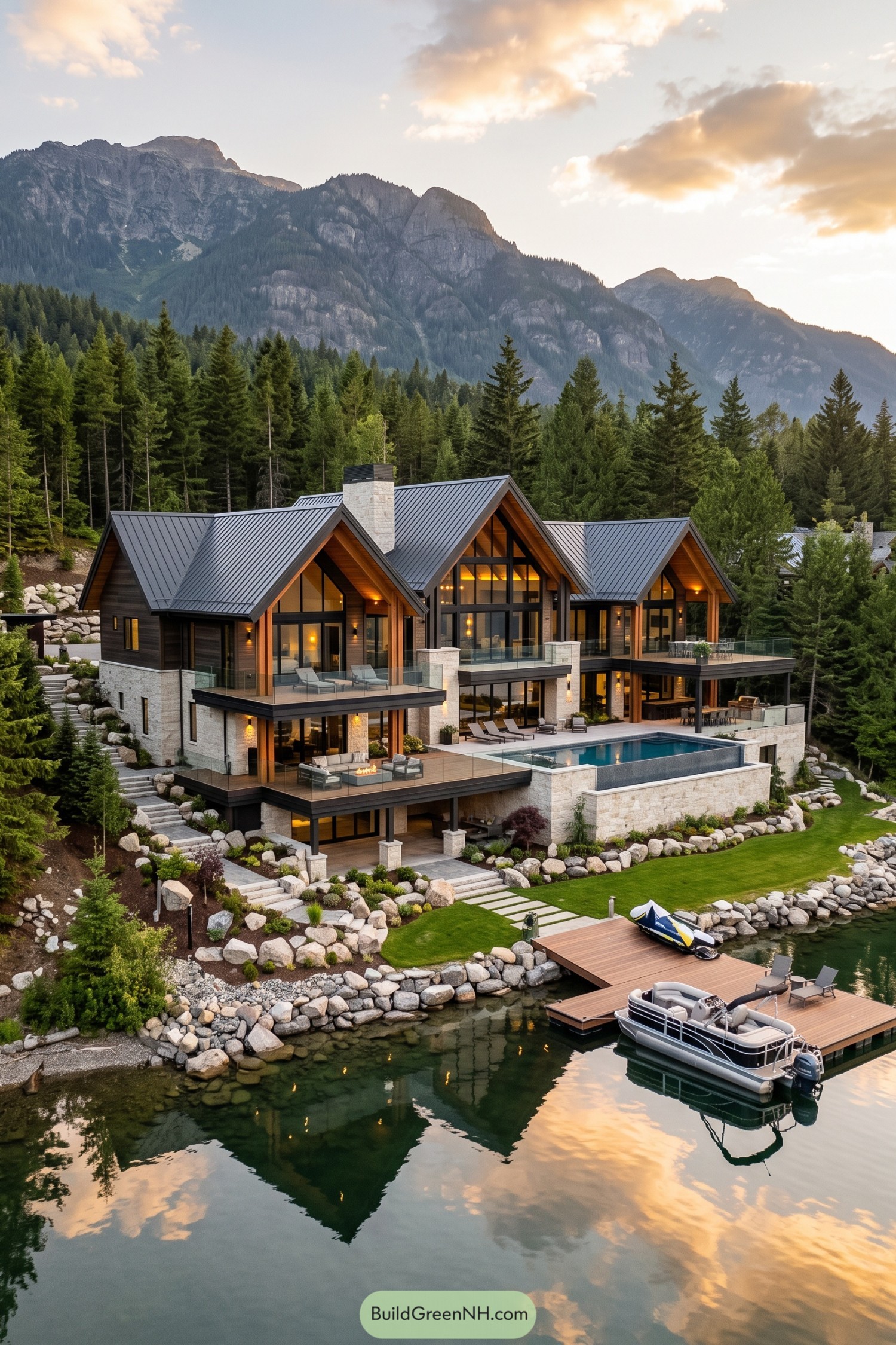 Contemporary lakeside chalet with terraces pool and private dock