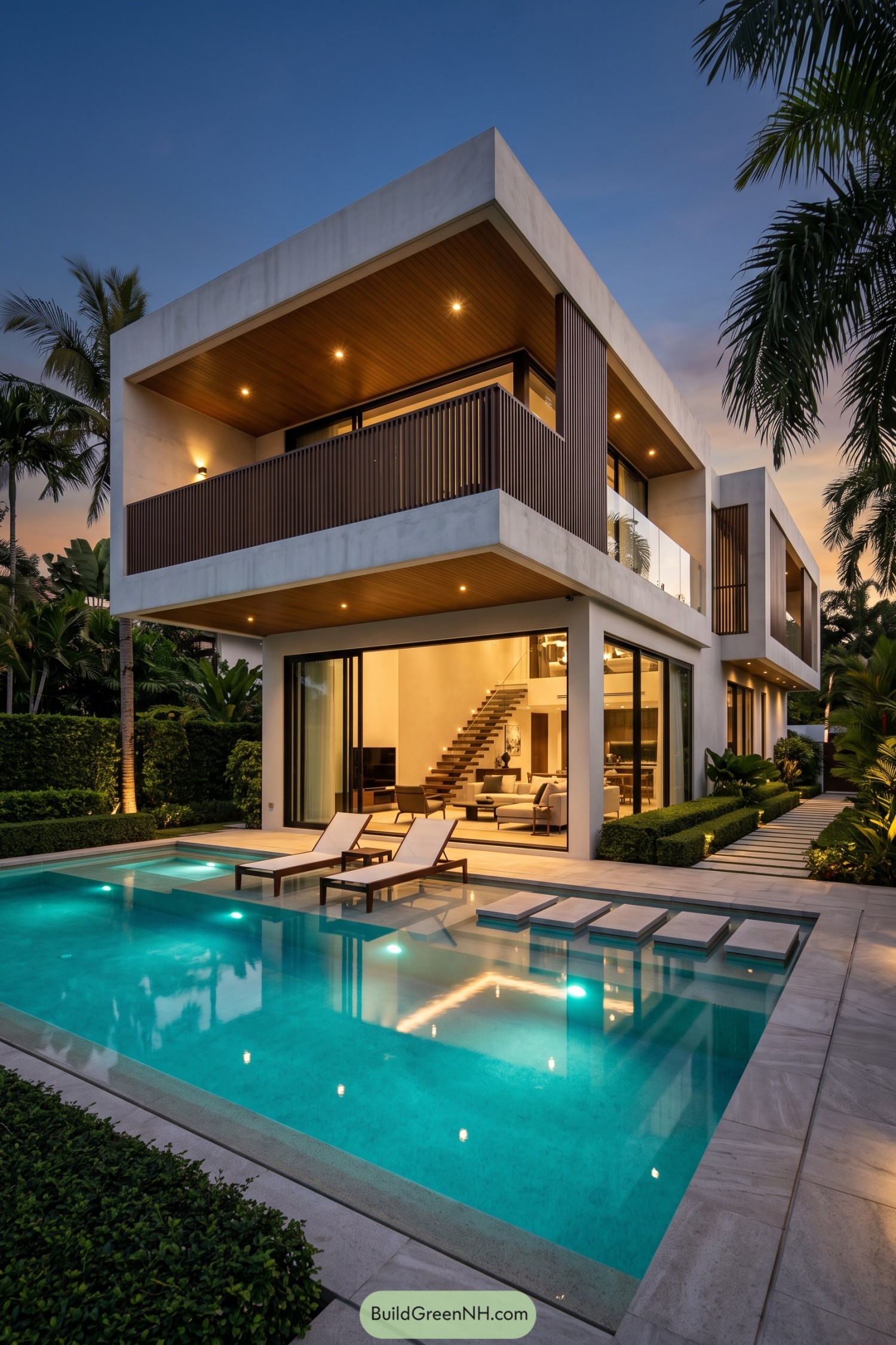 Contemporary tropical villa with pool and wood screens at dusk