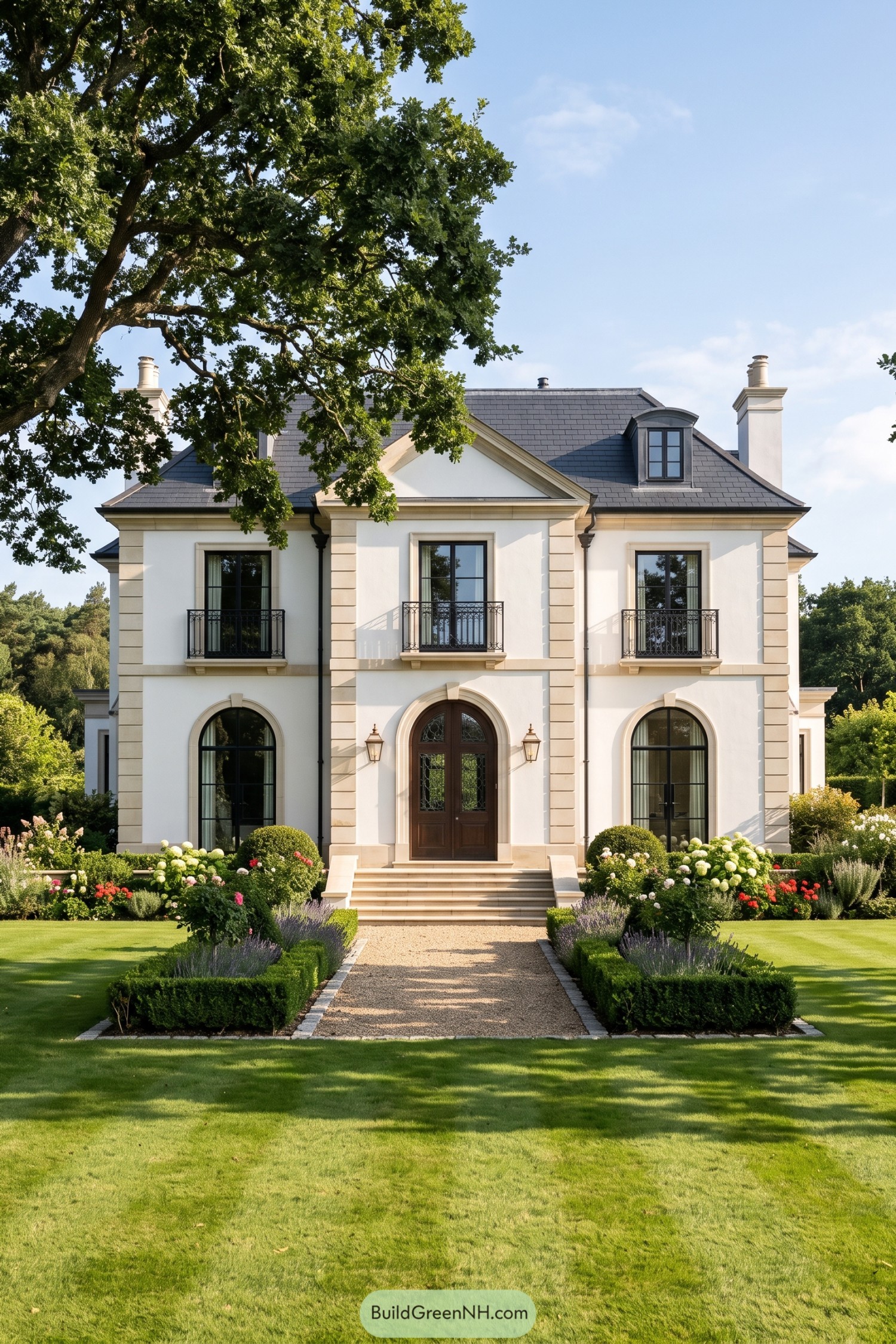 White Georgian villa with arched windows and formal garden