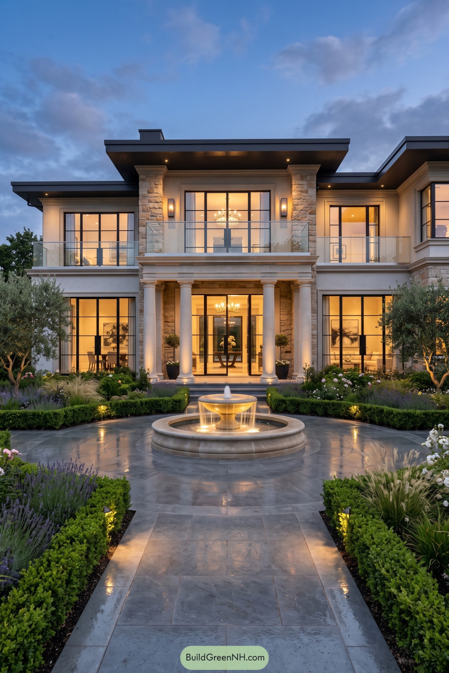 Modern classical villa with glowing fountain courtyard