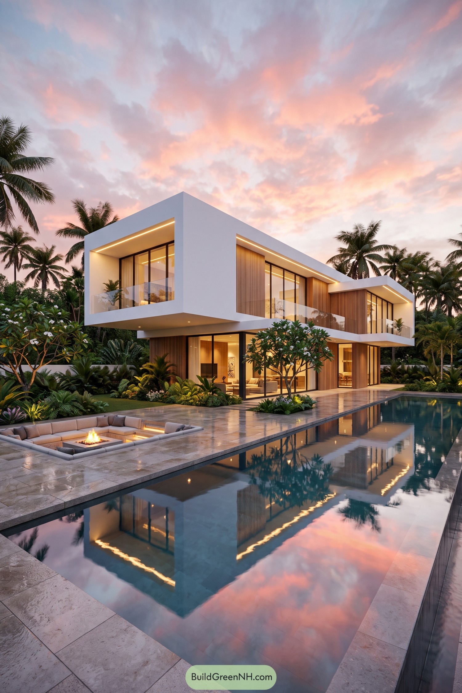 Modern tropical villa with a reflecting pool and fire lounge