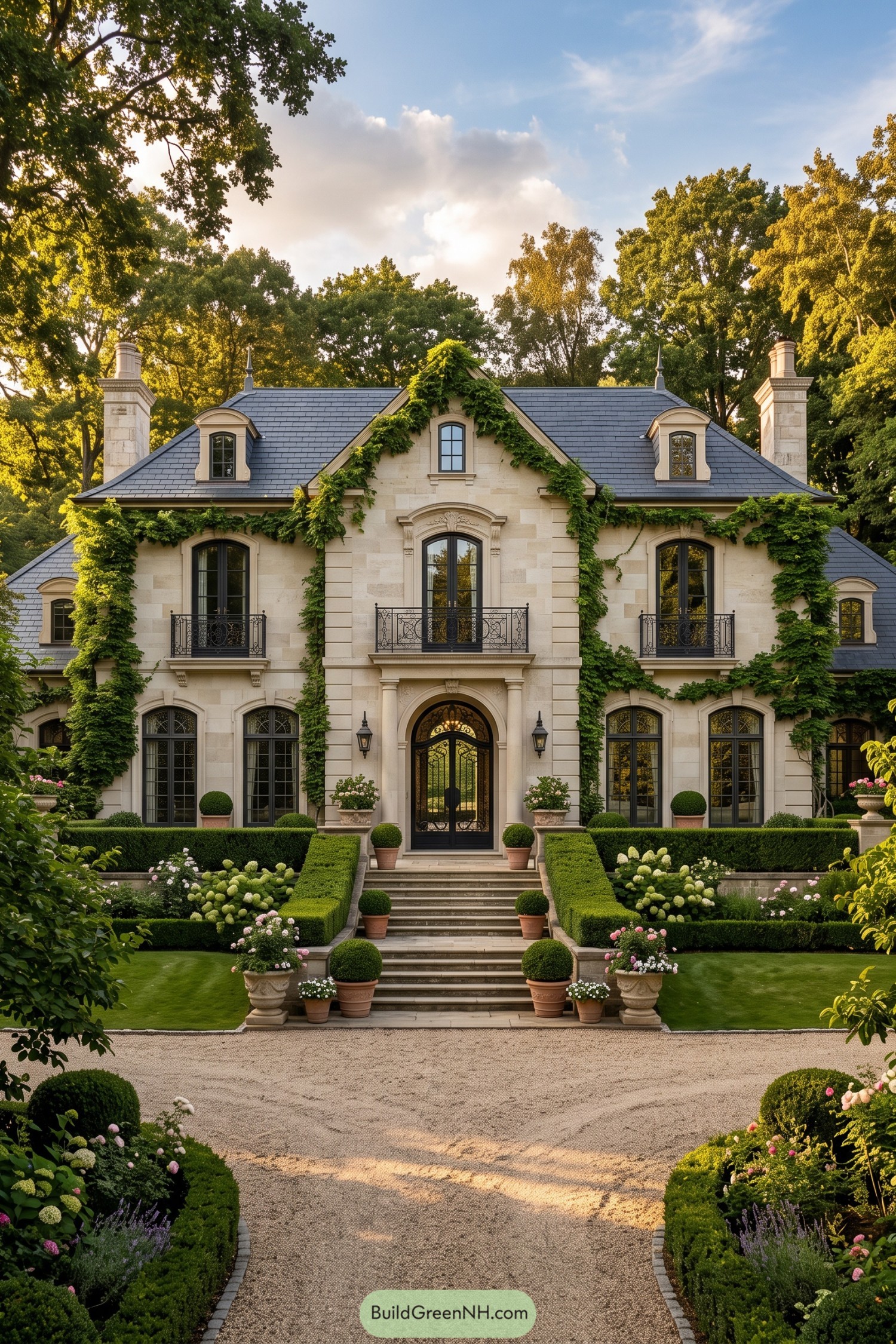 Limestone château with ivy and formal gardens