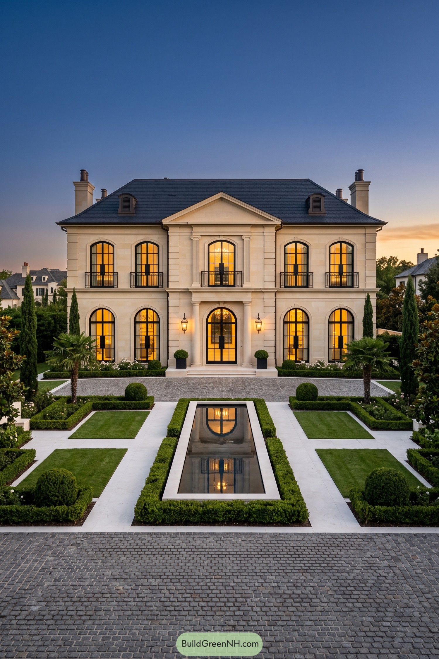 Cream stone manor with formal garden and reflecting pool at dusk