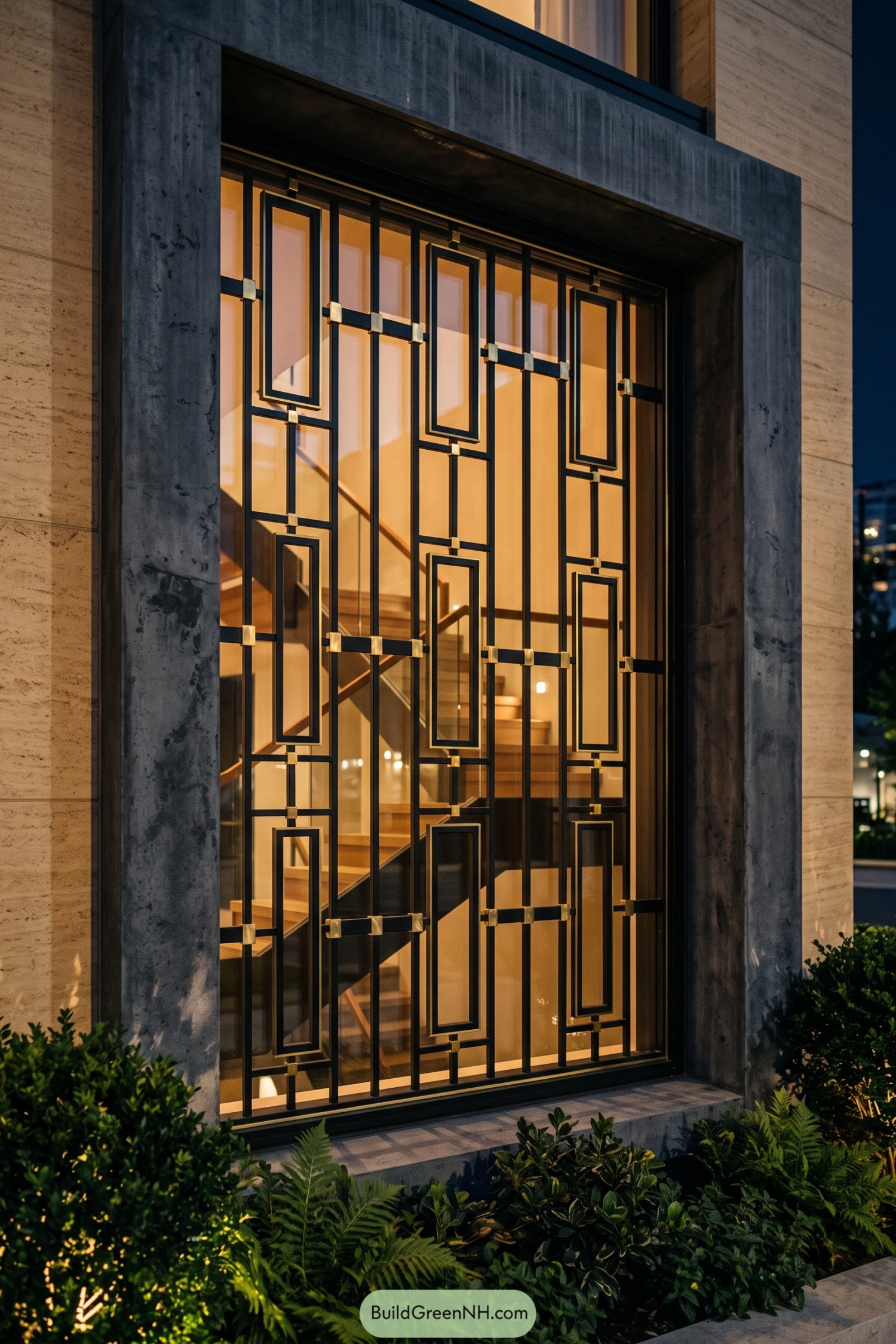 Black geometric window grill with brass joints