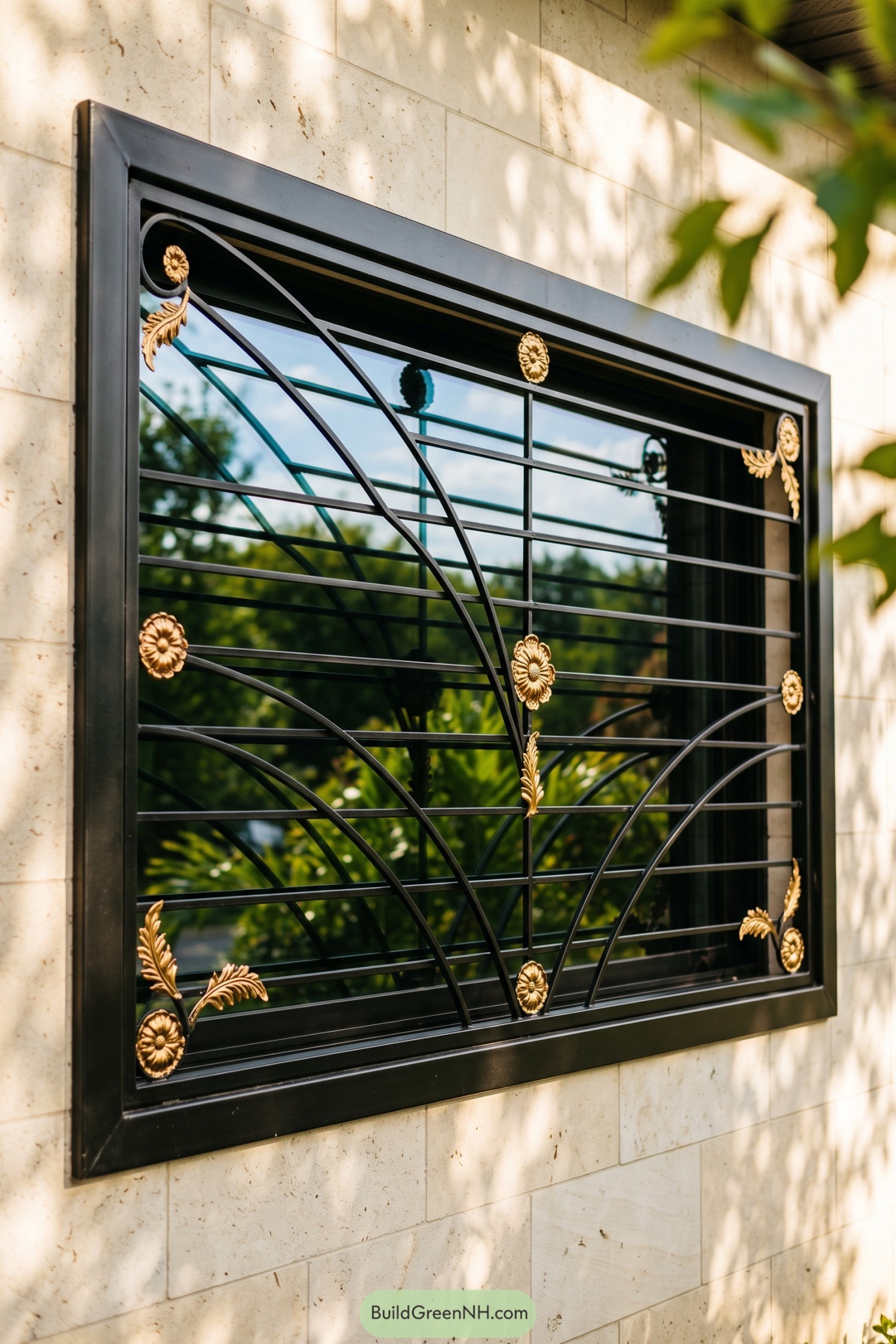 Black metal window grill with gold floral details
