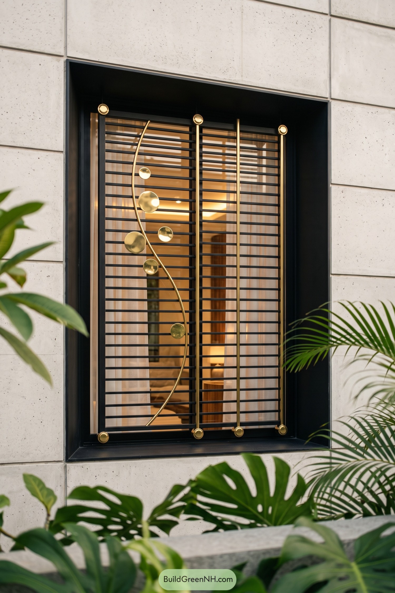 Black horizontal bars with brass verticals and a curved disc motif