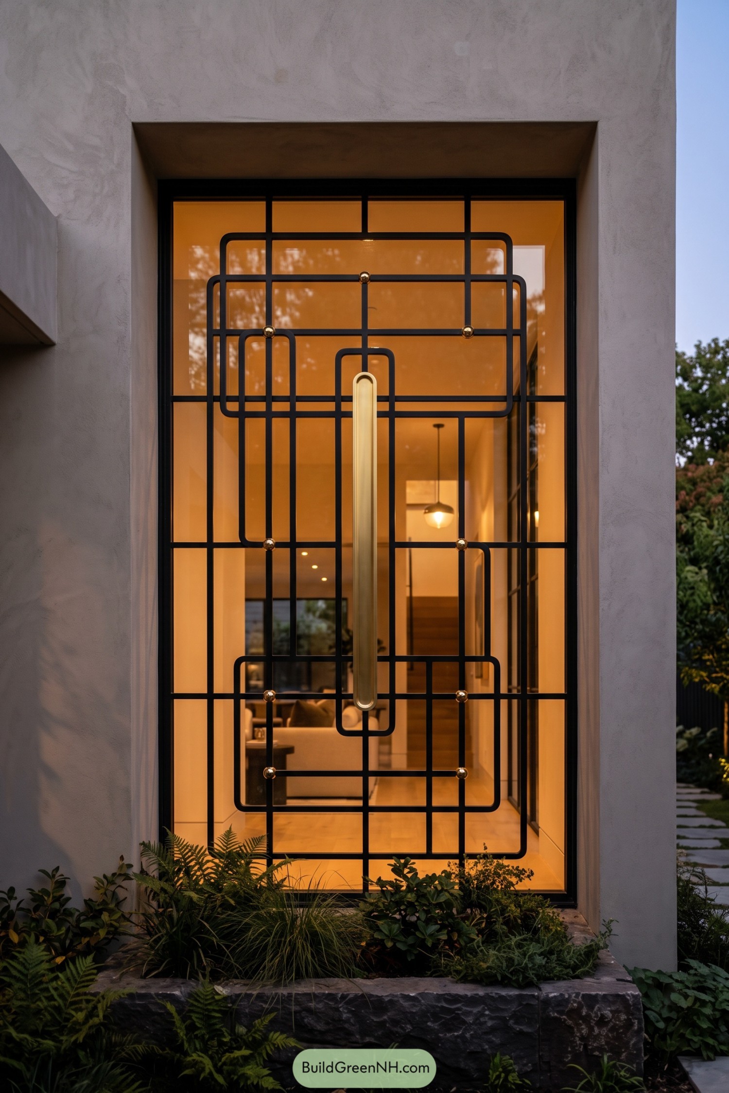 Black geometric window grill with brass accents and a central pull