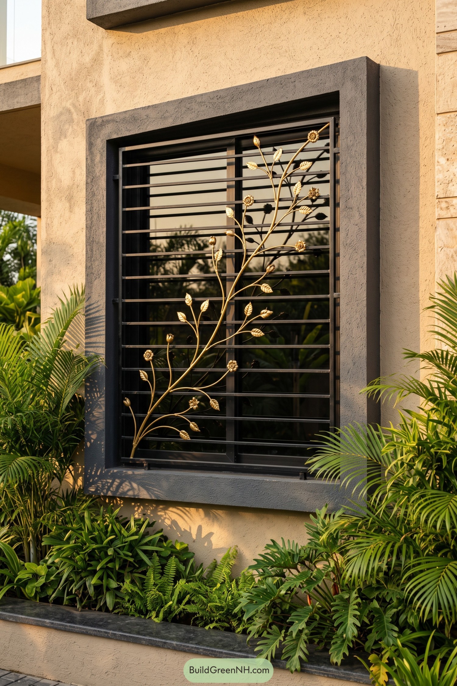 Black horizontal window grill with a golden climbing floral motif