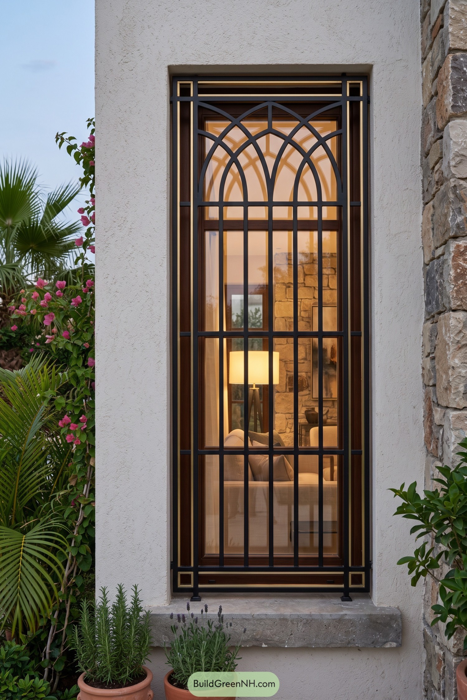 Black steel window grill with interwoven arches and gold trim