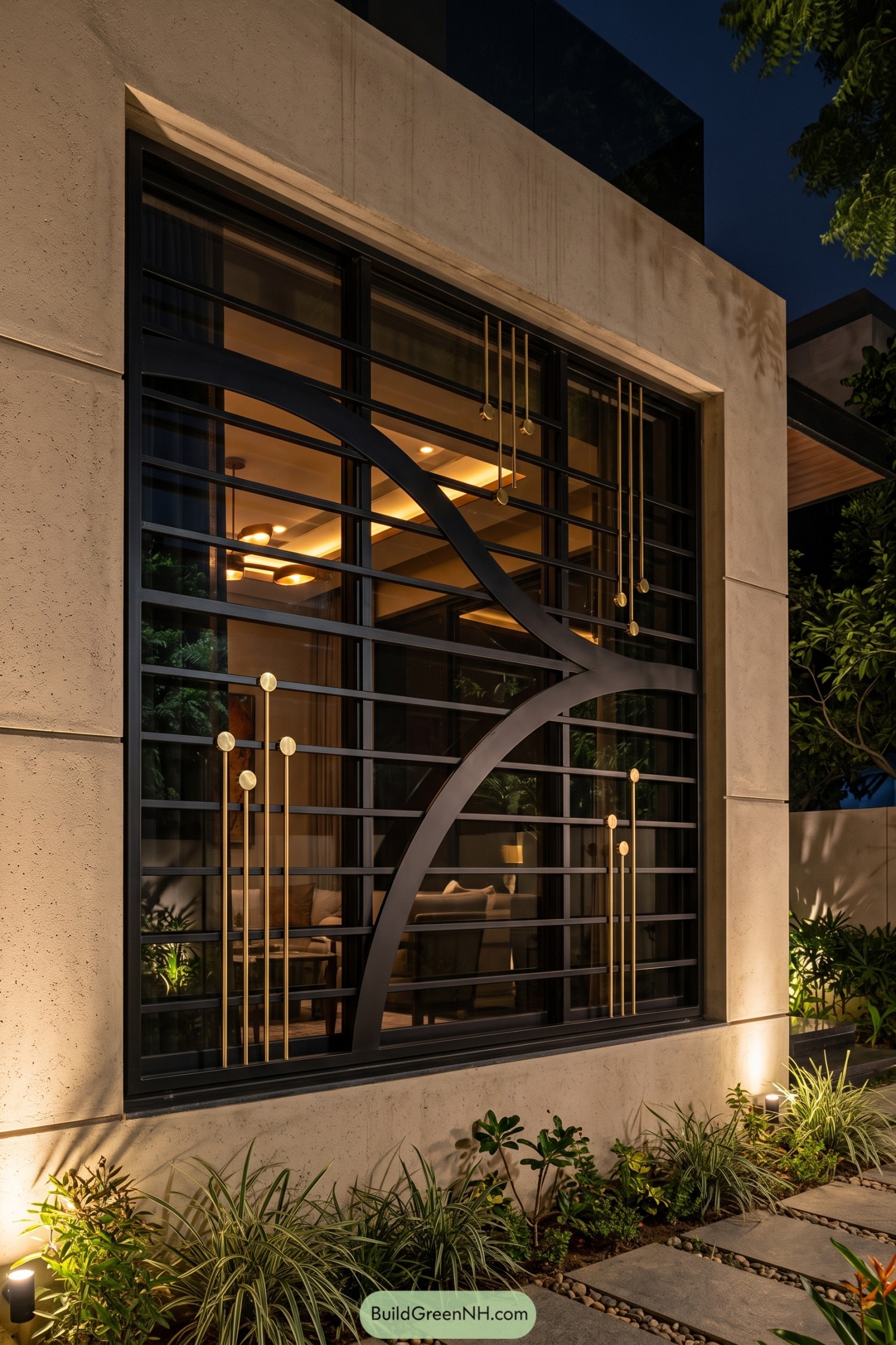 Black window grill with sweeping arcs and brass accents