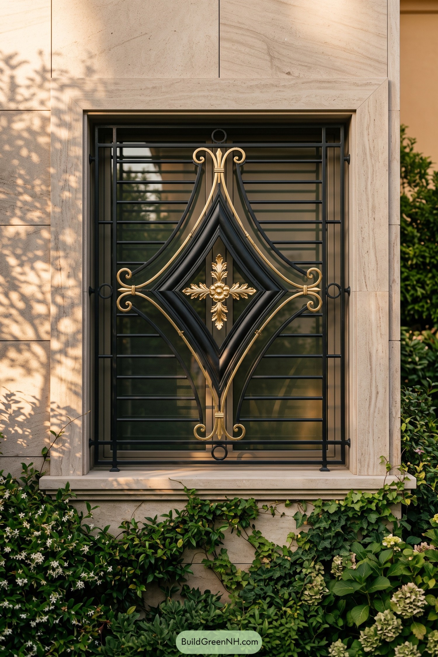 Black and gold window grill with a floral diamond centerpiece
